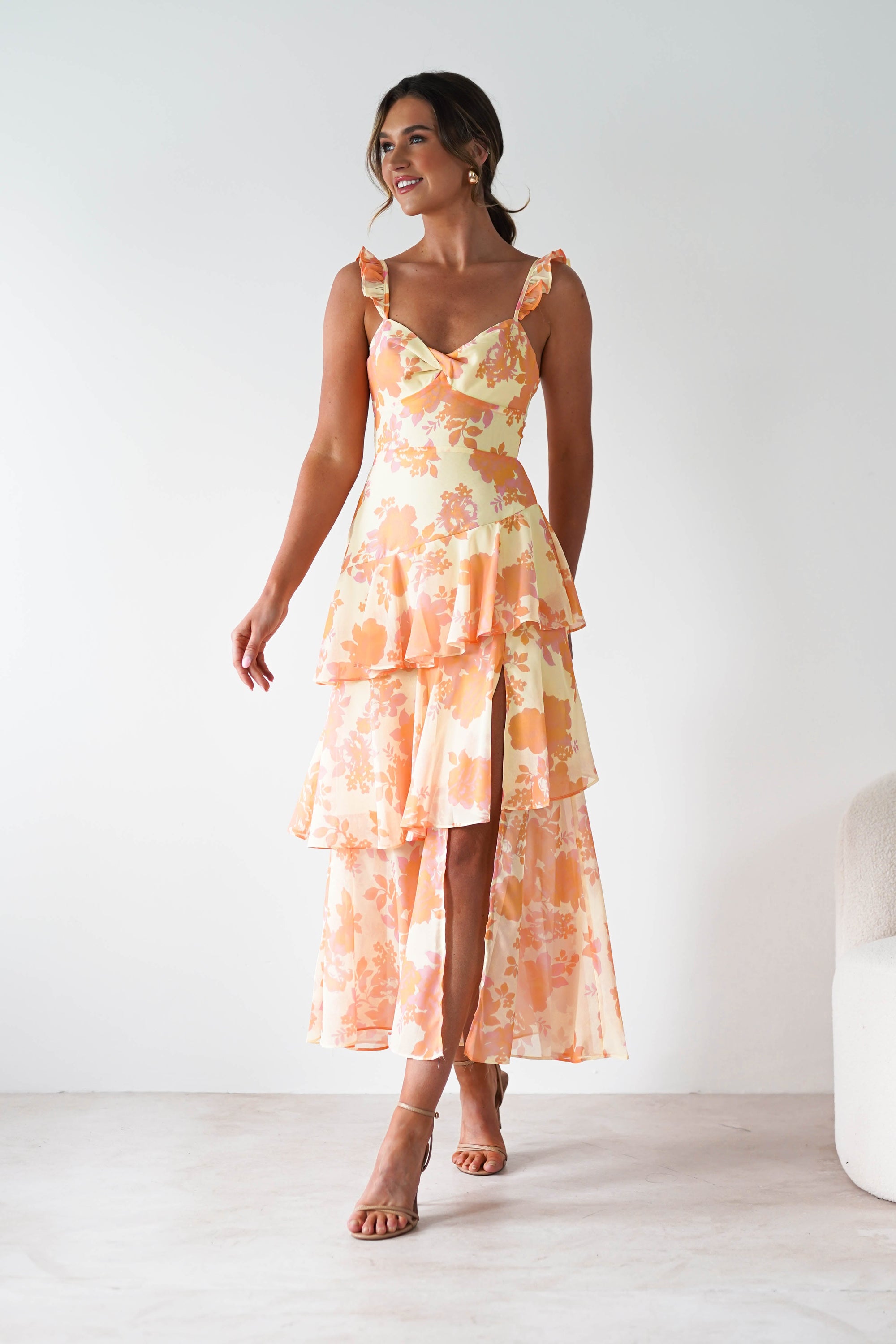 Allie Ruffle Floral Maxi Dress | Yellow/Peach | Oh Hello Clothing | XS (6)