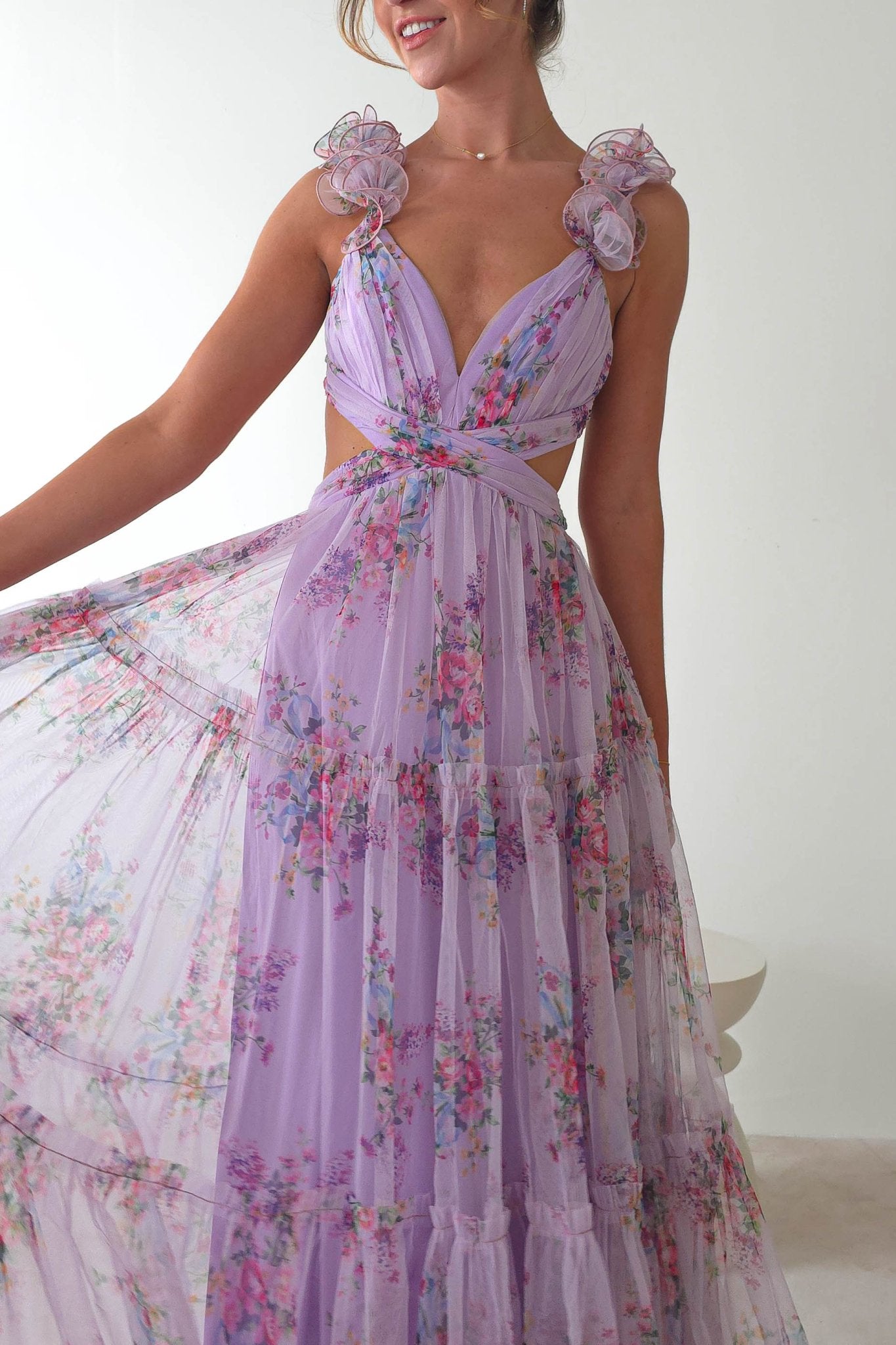 Alma Floral Print Tulle Maxi Dress | Lilac | Oh Hello Clothing | XS (6)