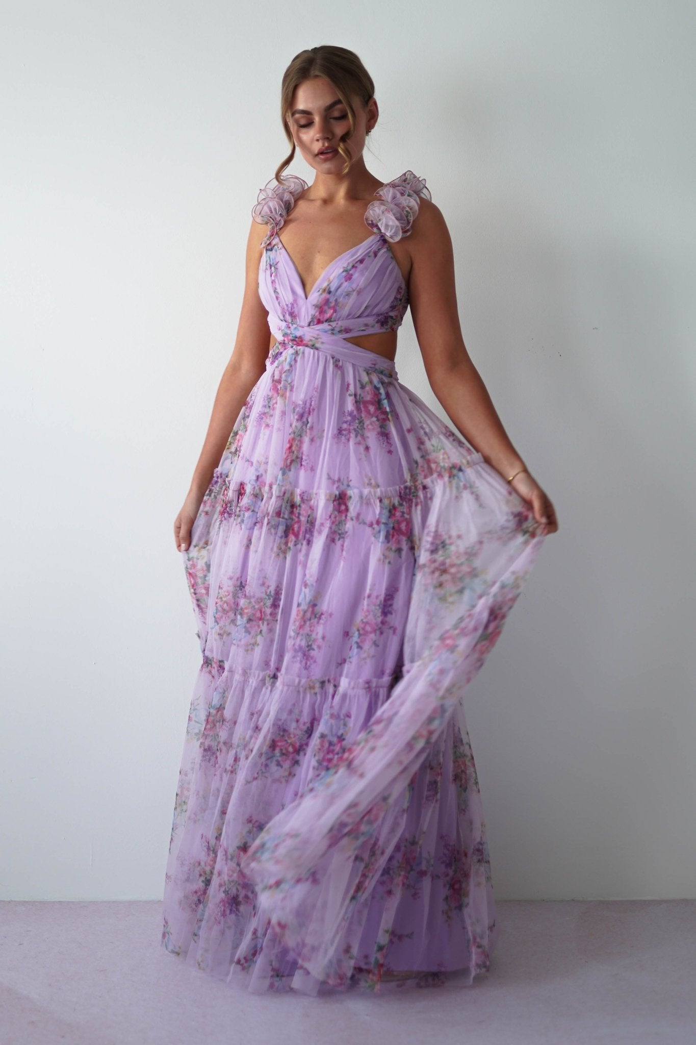 Alma Floral Print Tulle Maxi Dress | Lilac | Oh Hello Clothing | XS (6)