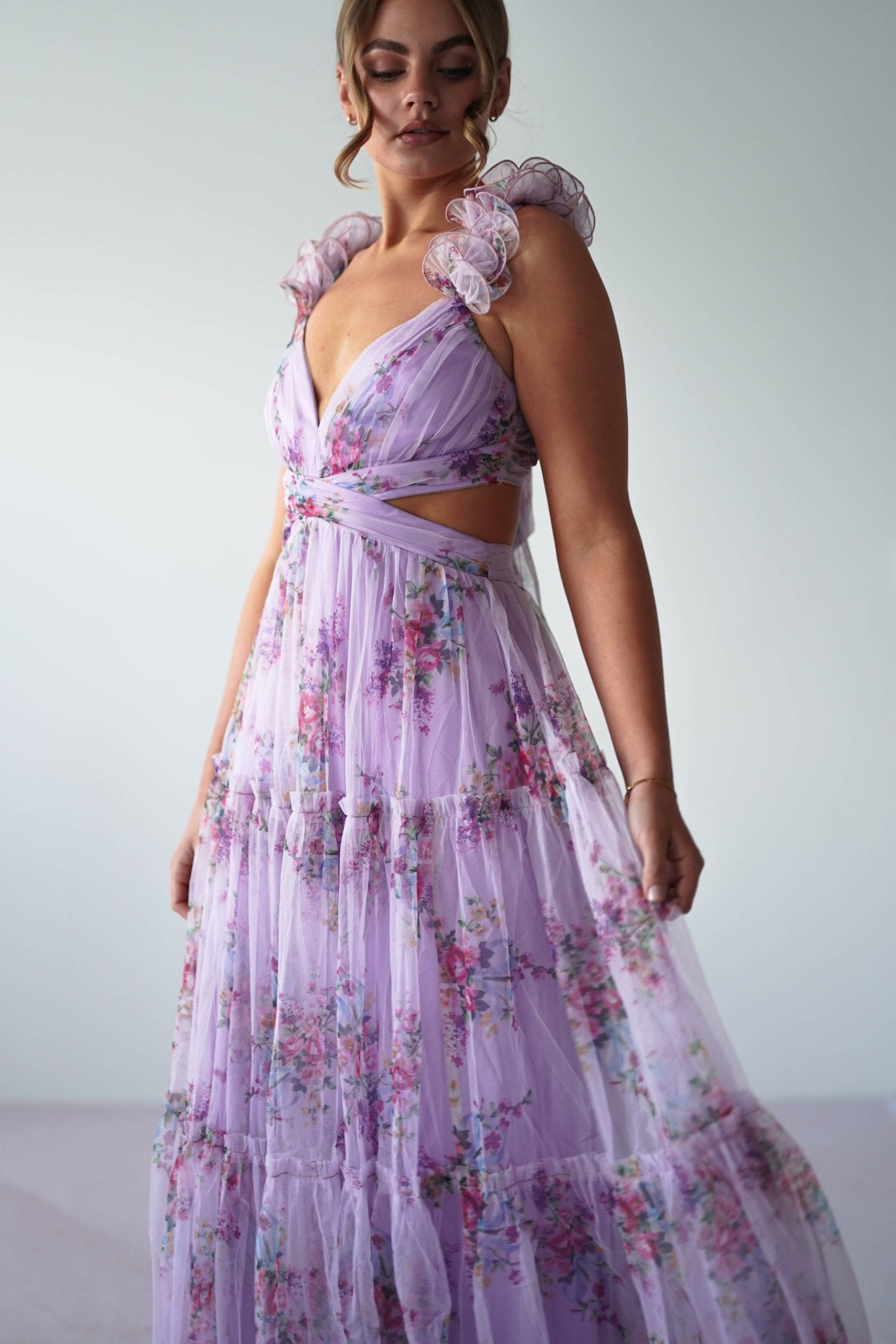 Alma Floral Print Tulle Maxi Dress | Lilac | Oh Hello Clothing | XS (6)