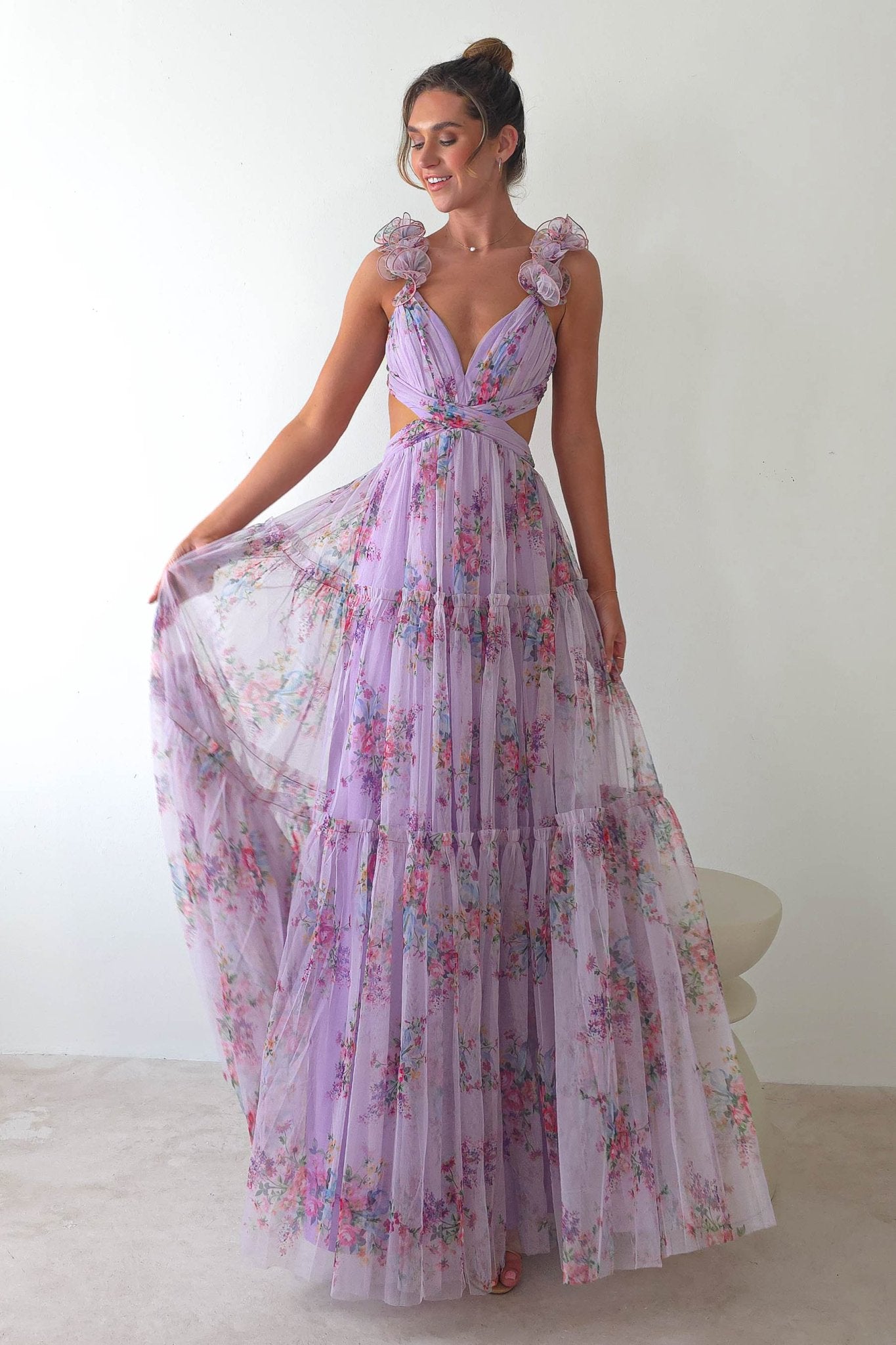 Alma Floral Print Tulle Maxi Dress | Lilac | Oh Hello Clothing | XS (6)