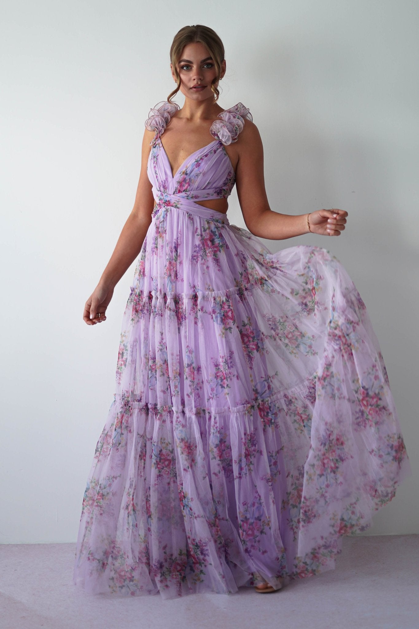 Alma Floral Print Tulle Maxi Dress | Lilac | Oh Hello Clothing | XS (6)