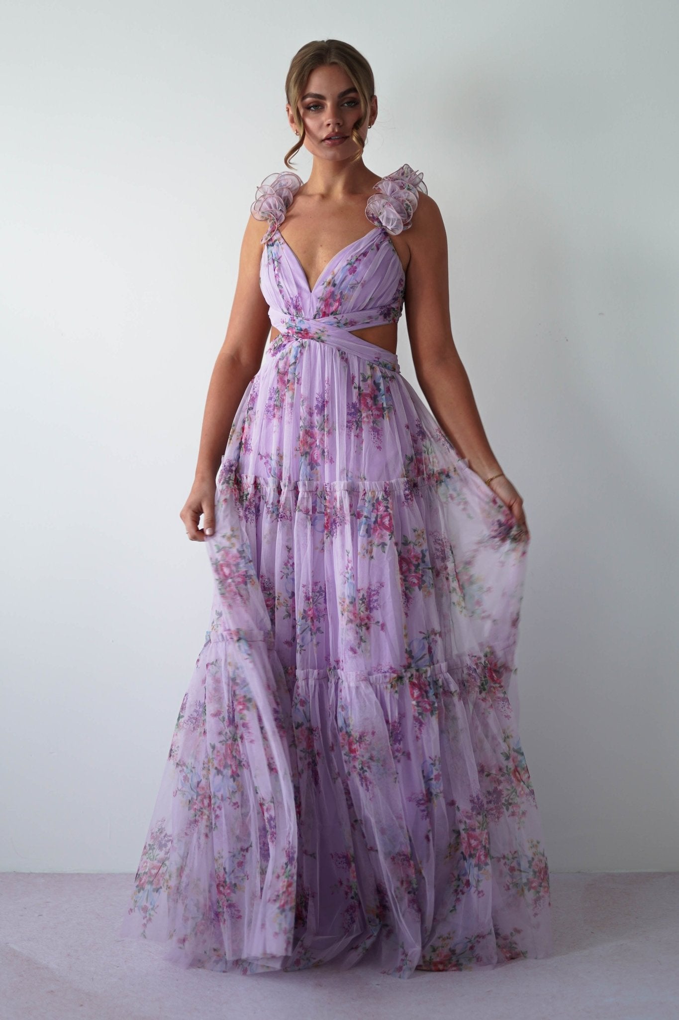 Alma Floral Print Tulle Maxi Dress | Lilac | Oh Hello Clothing | XS (6)