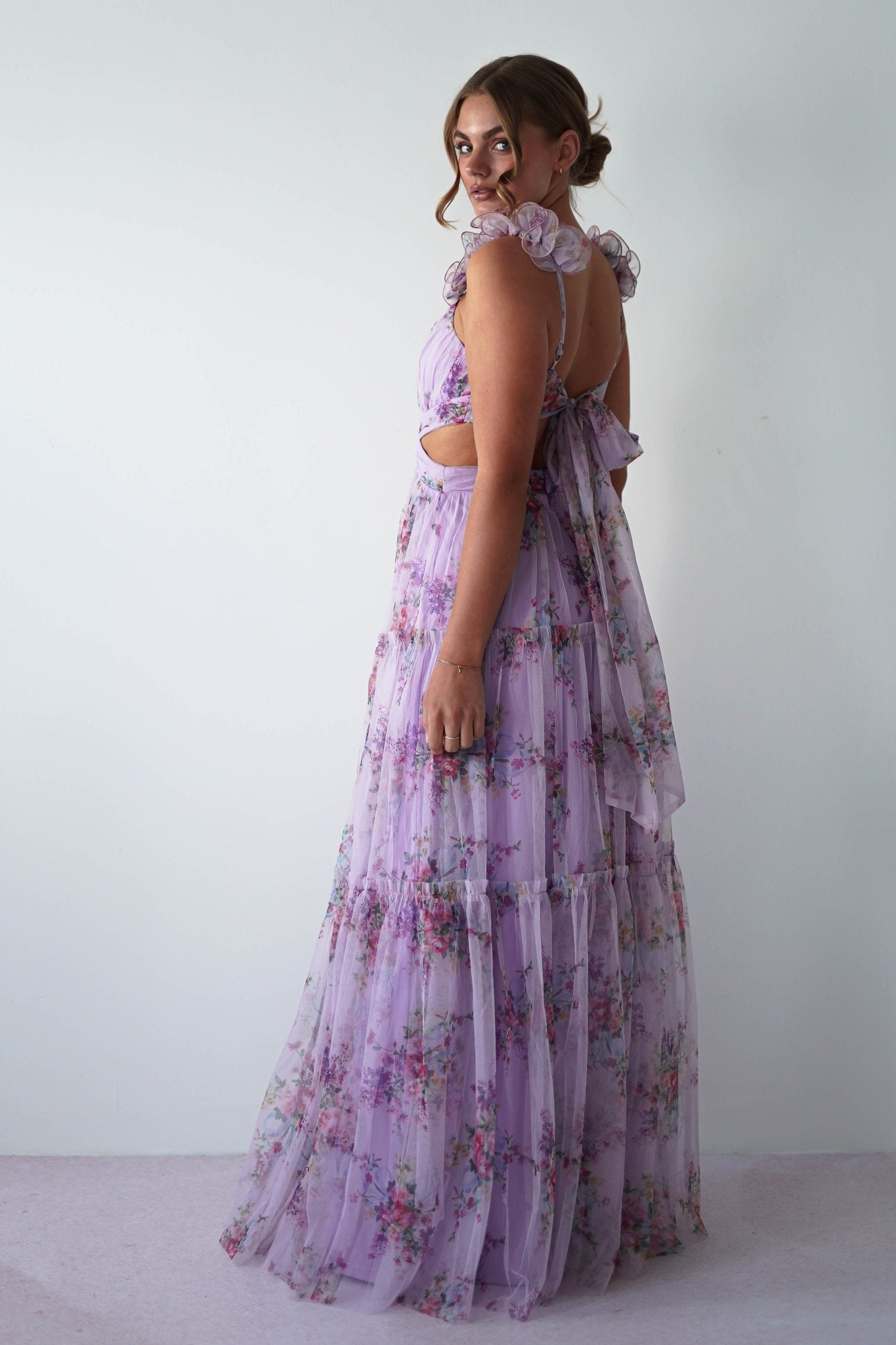 Alma Floral Print Tulle Maxi Dress | Lilac | Oh Hello Clothing | XS (6)