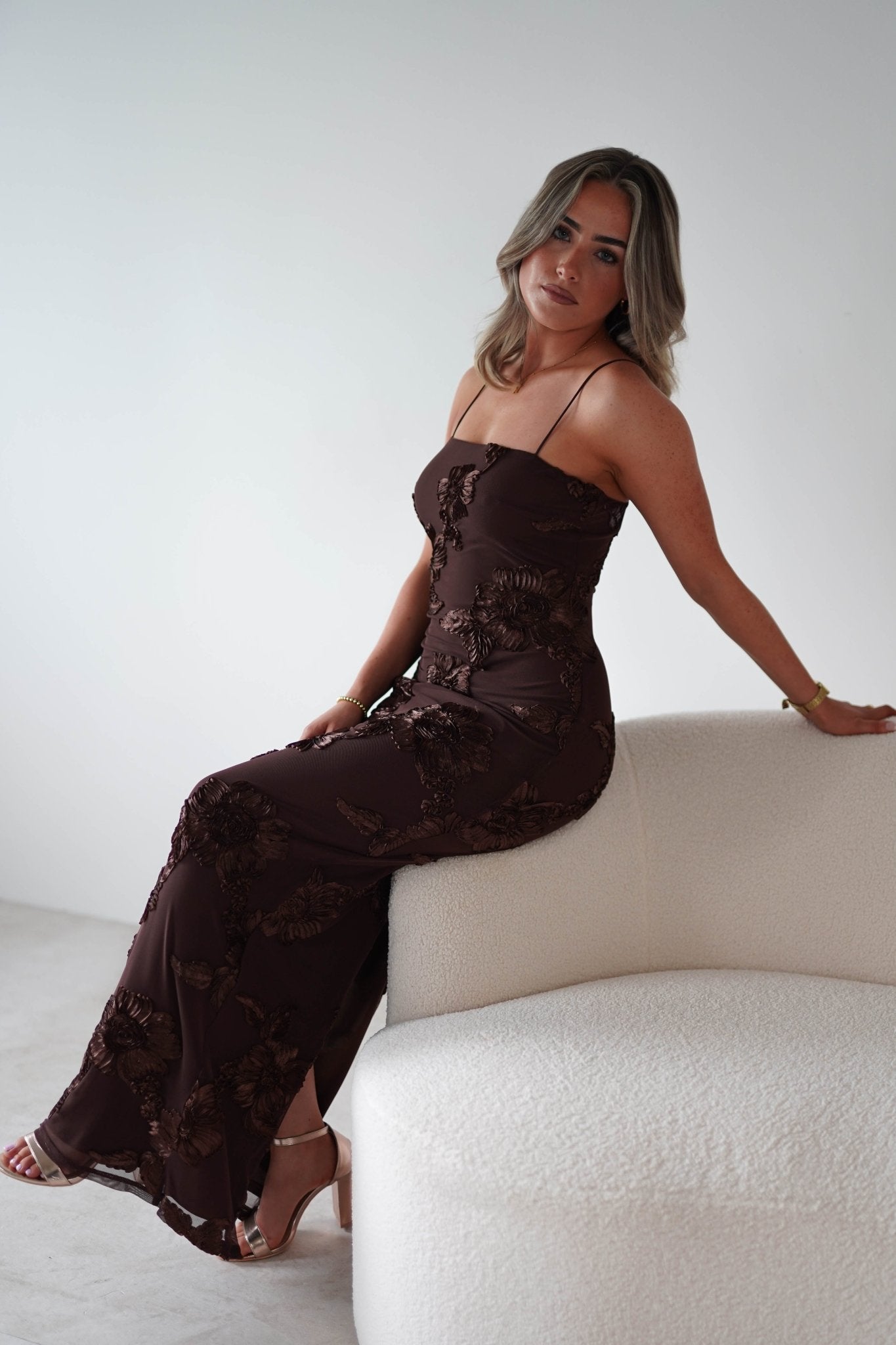 Alvana Floral Appliqué Maxi Dress | Brown | Oh Hello Clothing | XS (6)