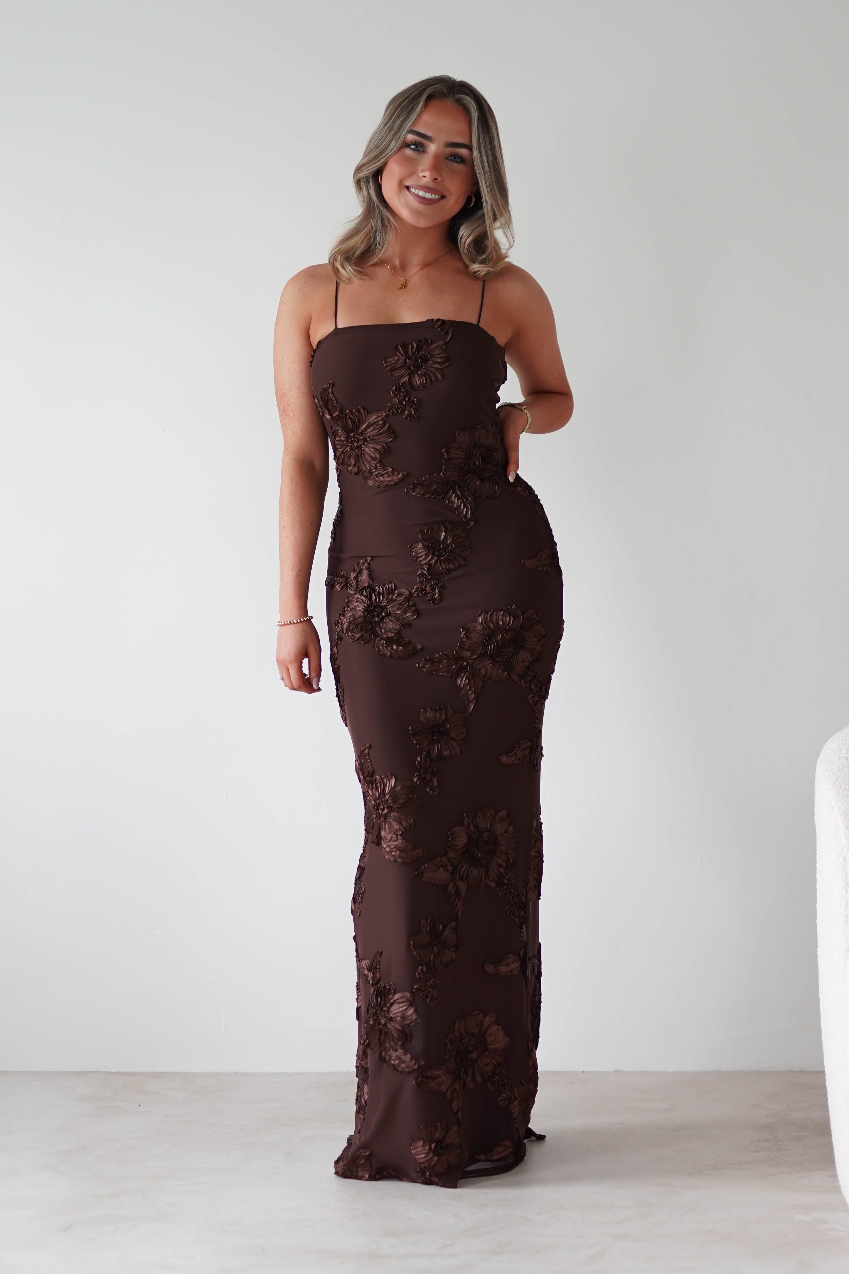 F&P Wedding Guest Dresses Alvana Floral Appliqué Maxi Dress | Brown