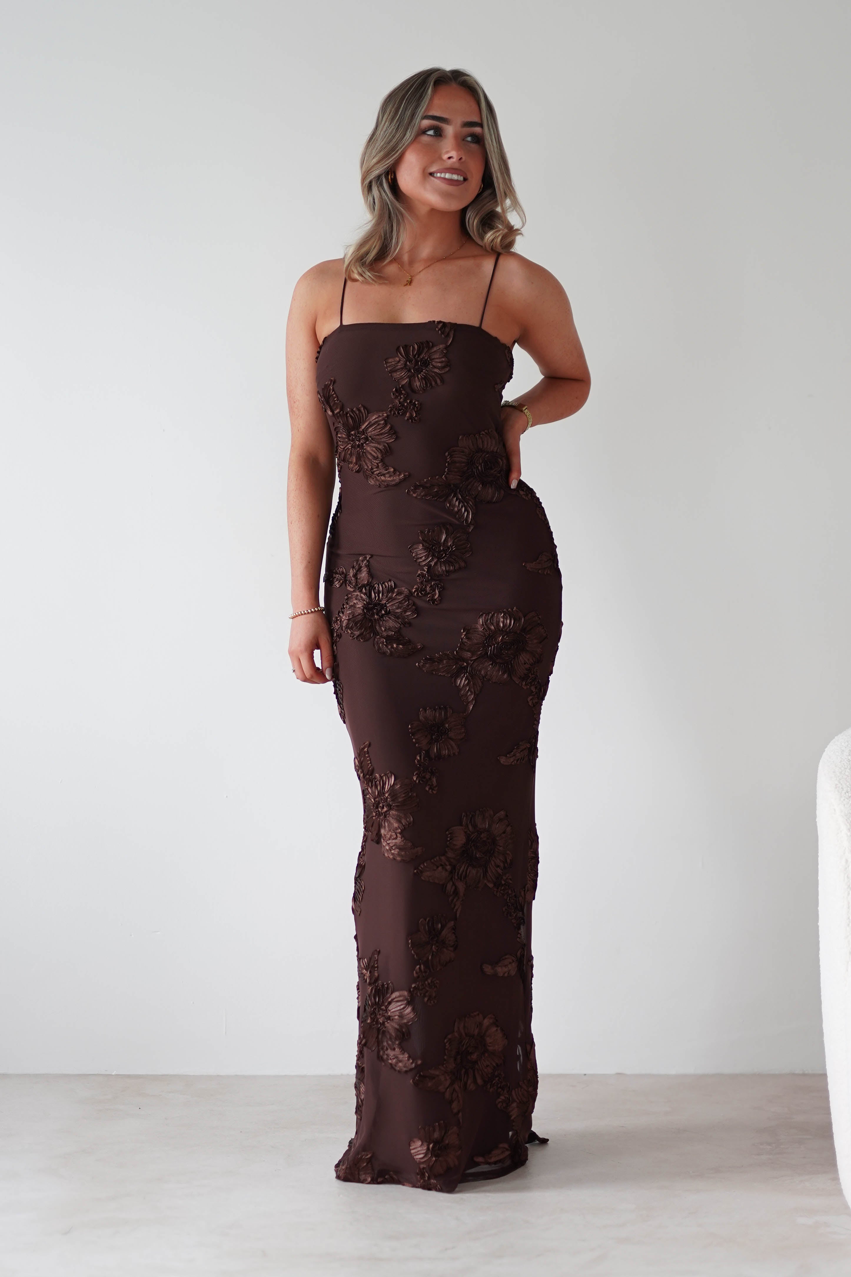 F&P Wedding Guest Dresses Alvana Floral Appliqué Maxi Dress | Brown