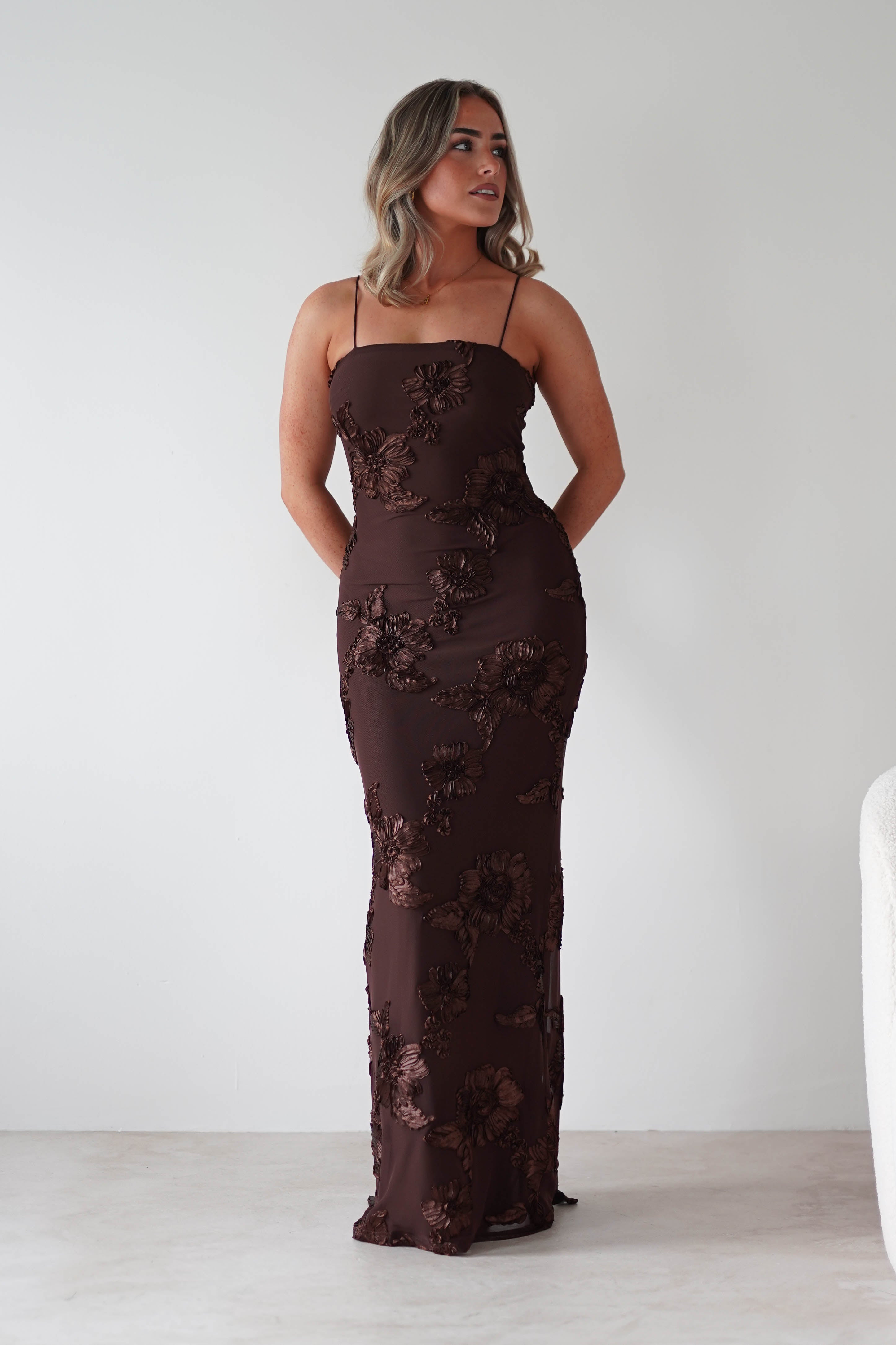 F&P Wedding Guest Dresses Alvana Floral Appliqué Maxi Dress | Brown