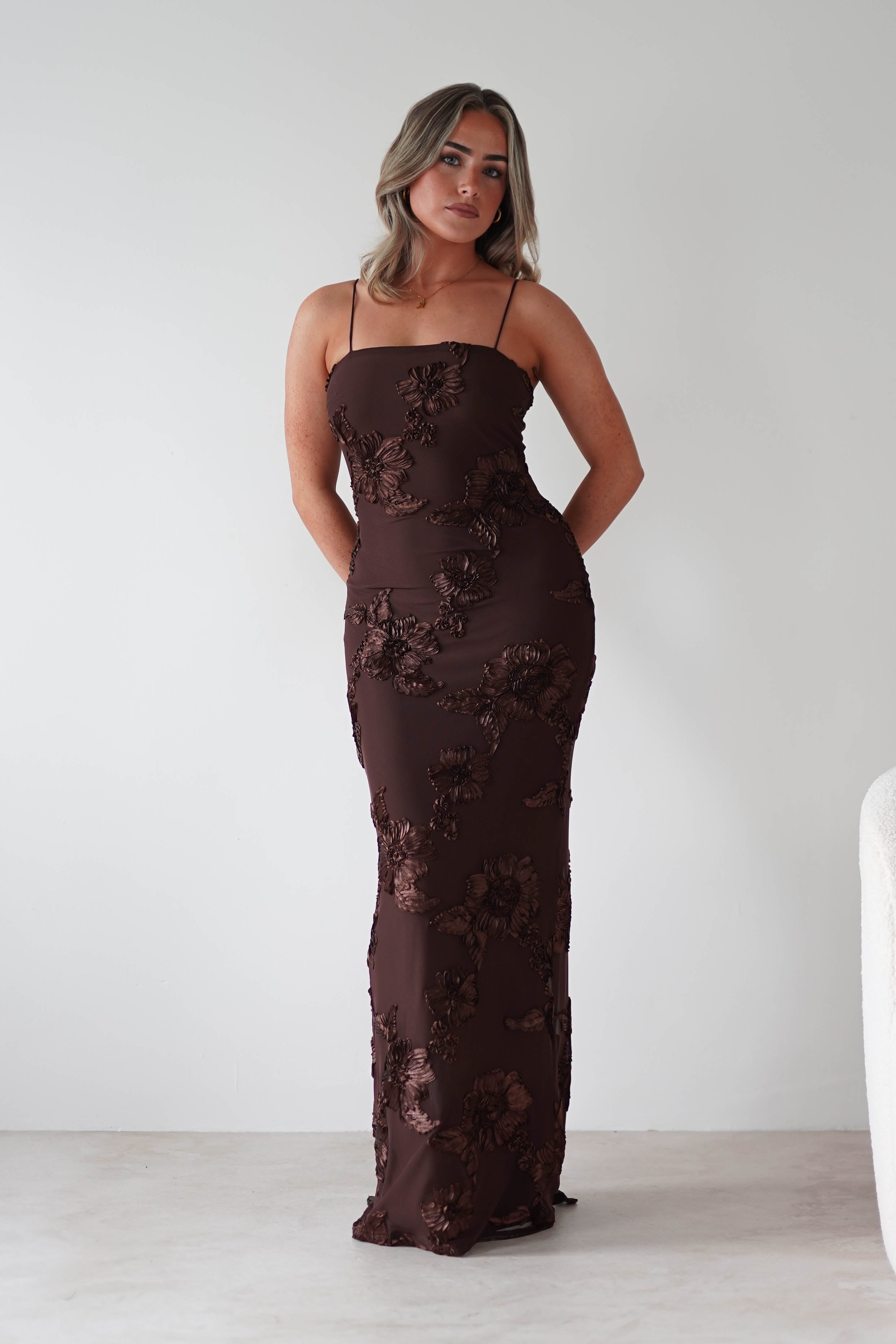 F&P Wedding Guest Dresses Alvana Floral Appliqué Maxi Dress | Brown