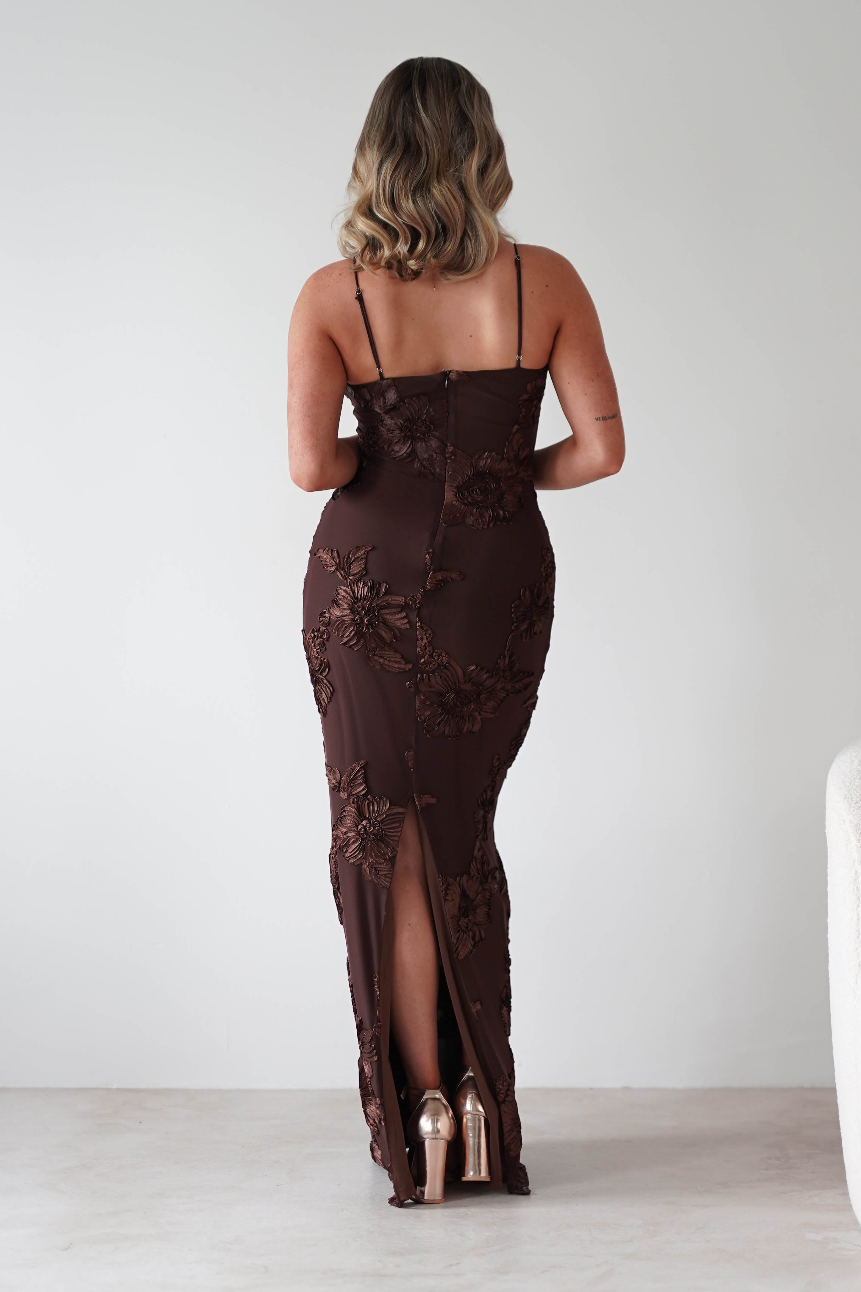 F&P Wedding Guest Dresses Alvana Floral Appliqué Maxi Dress | Brown