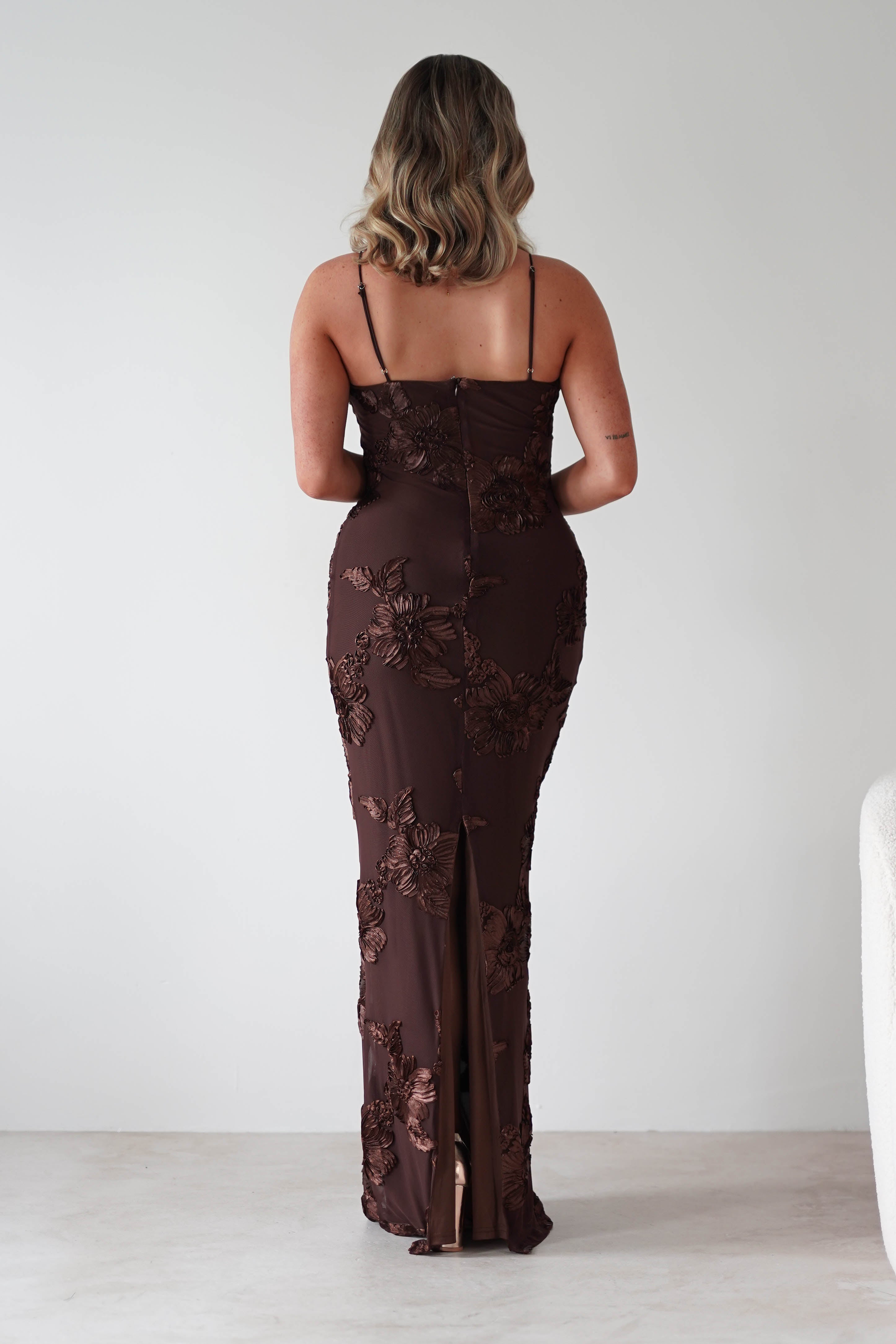 F&P Wedding Guest Dresses Alvana Floral Appliqué Maxi Dress | Brown