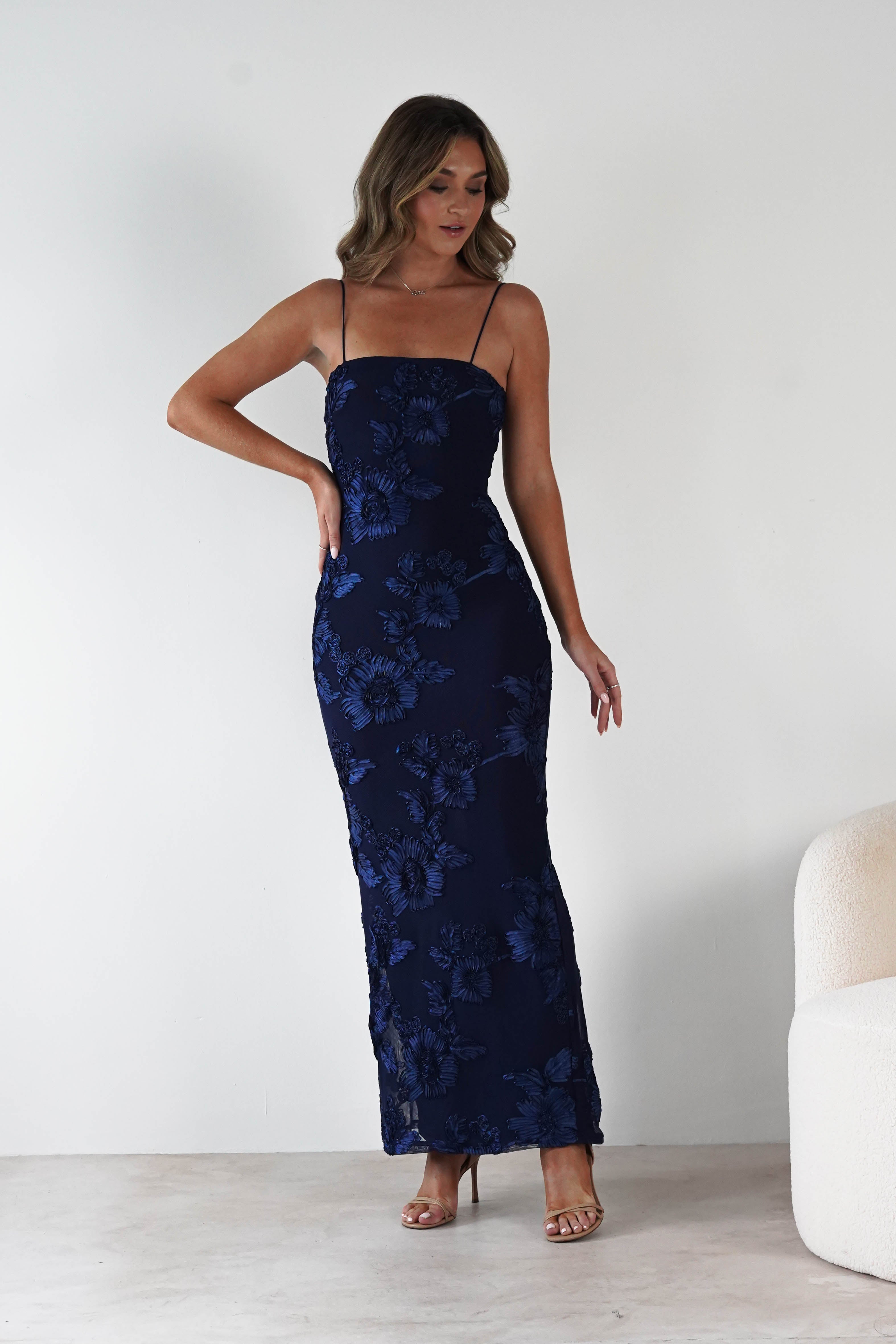 F&P Wedding Guest Dresses Alvana Floral Appliqué Maxi Dress | Navy