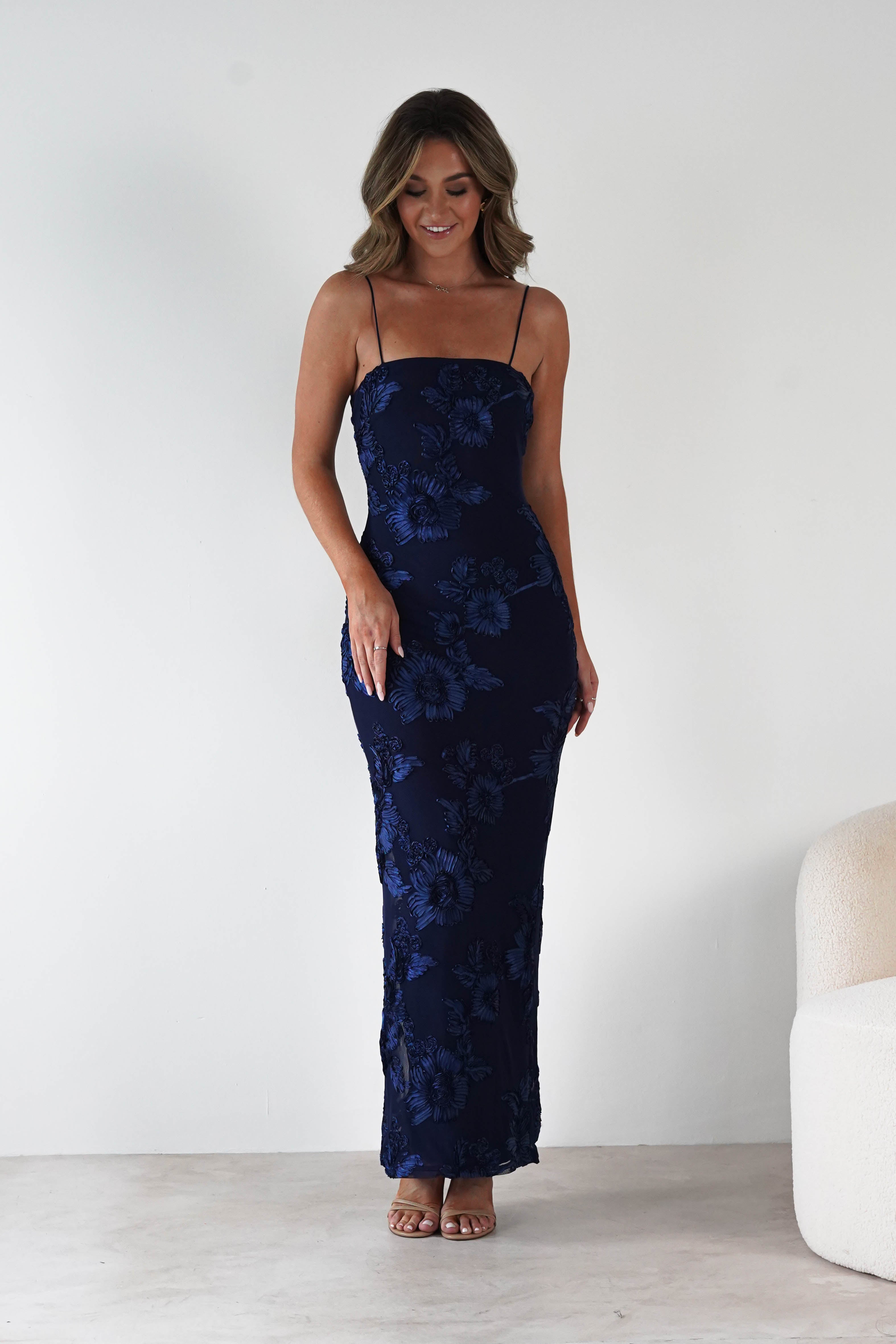 F&P Wedding Guest Dresses Alvana Floral Appliqué Maxi Dress | Navy