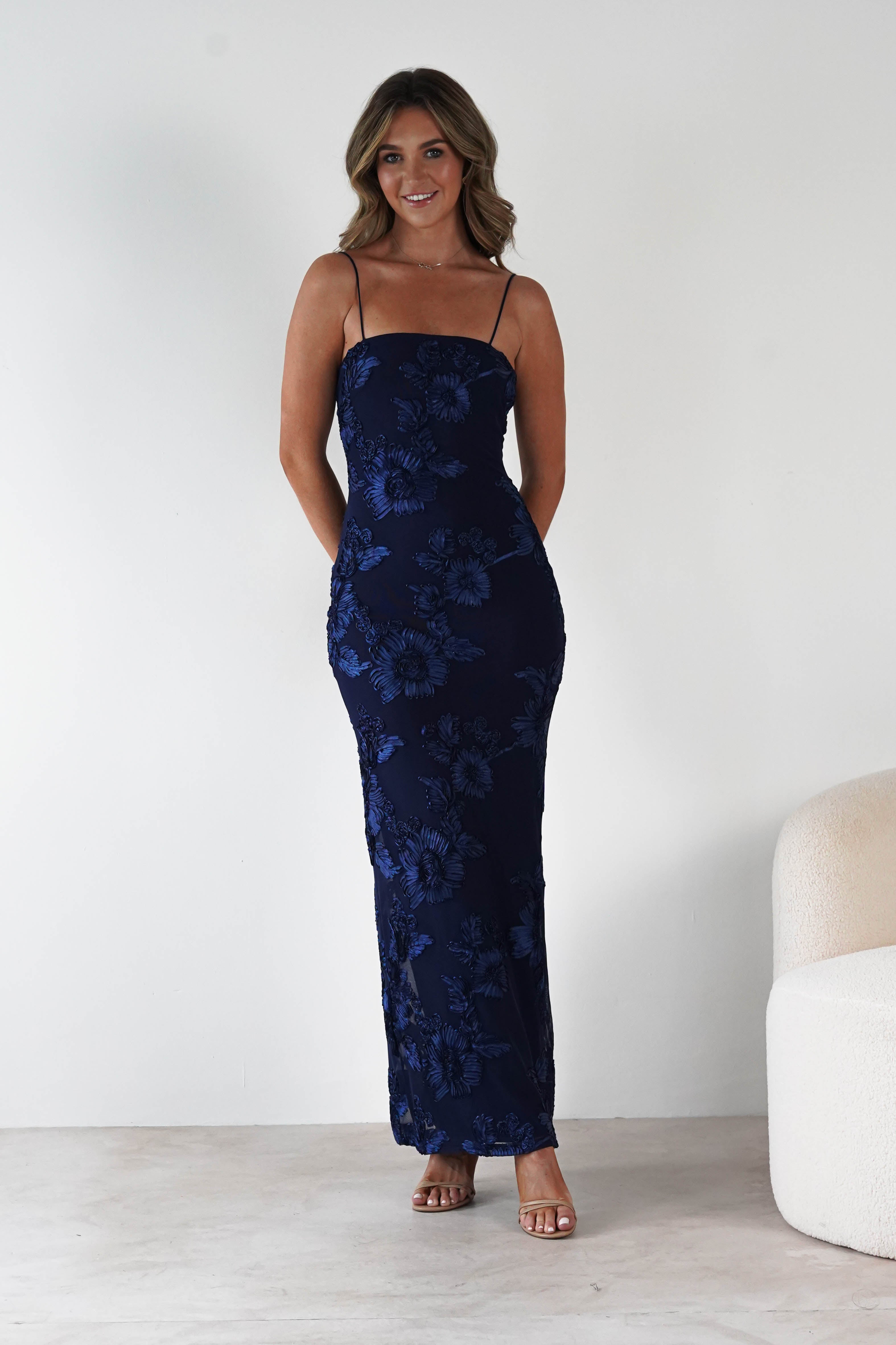F&P Wedding Guest Dresses Alvana Floral Appliqué Maxi Dress | Navy