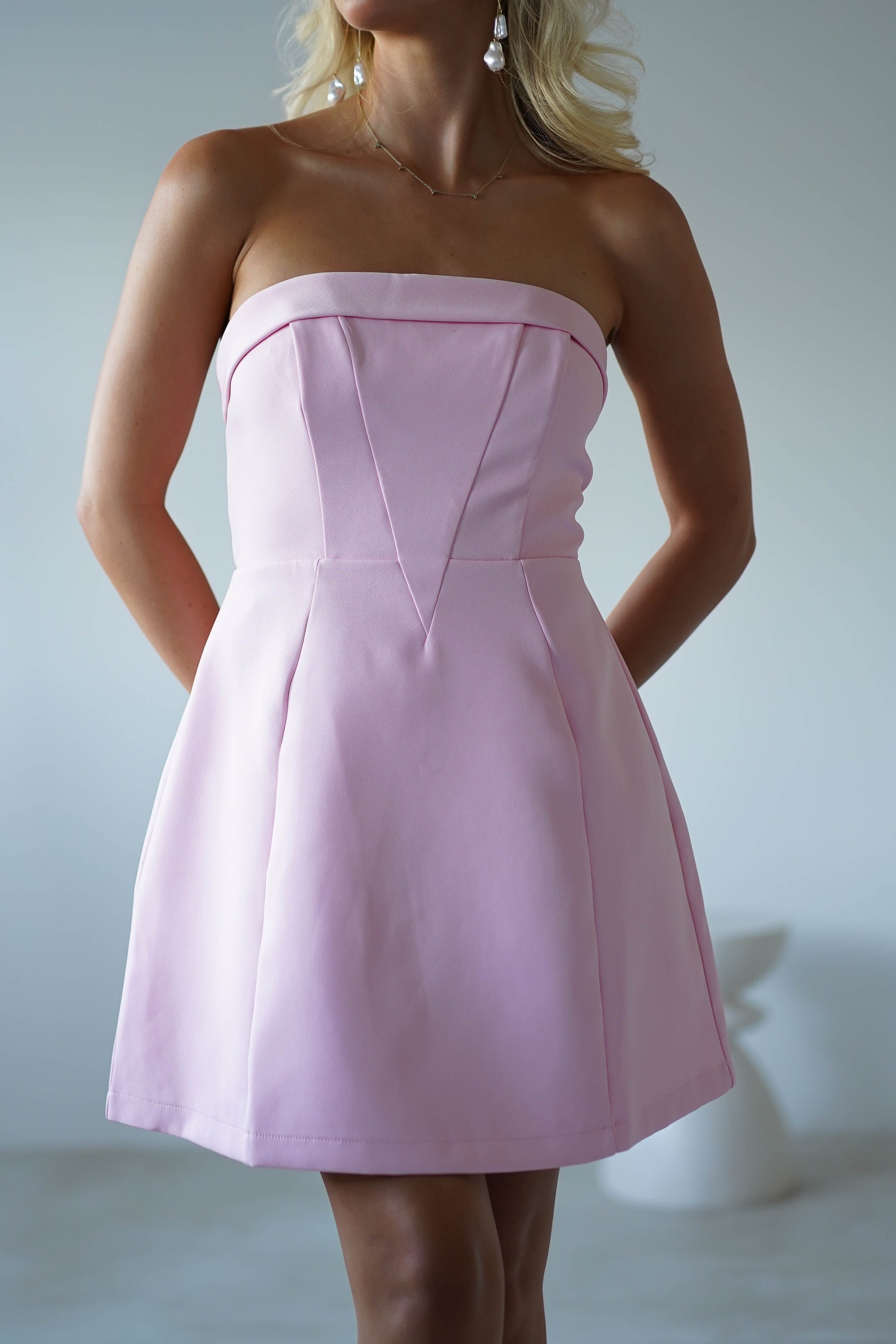 Angelica Strapless Structured Mini Dress | Pink | Oh Hello Clothing | XS (6)