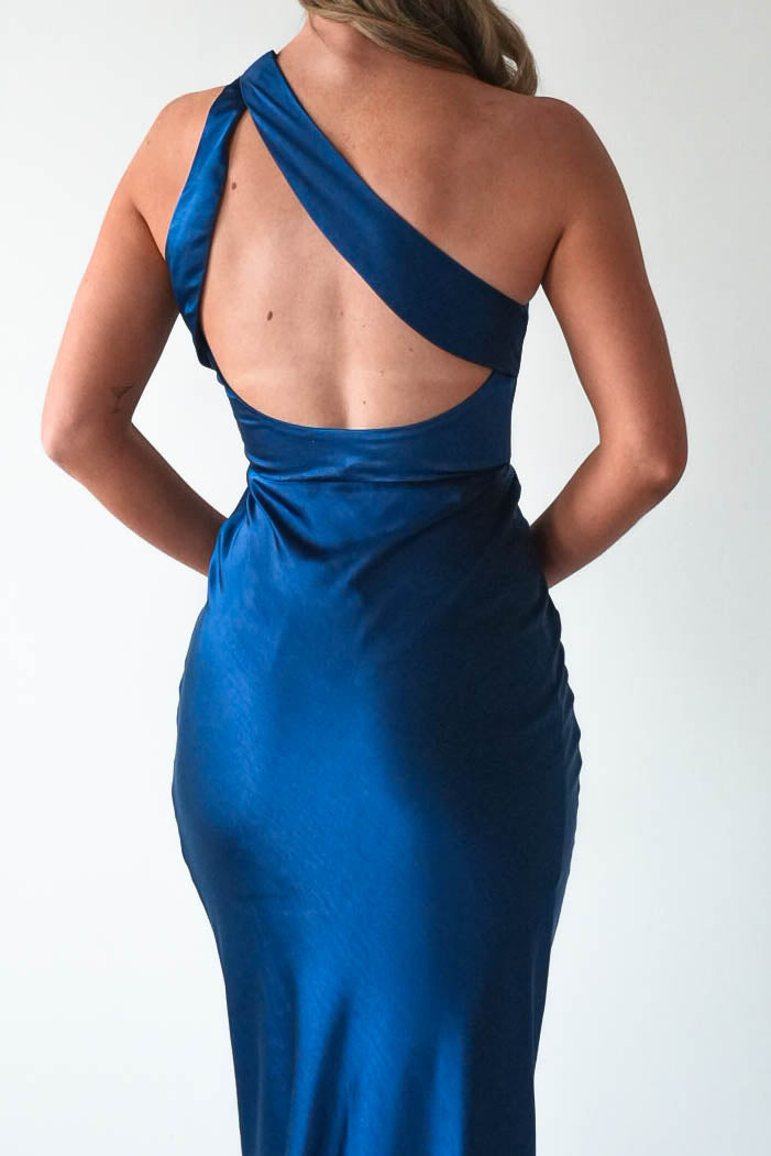 Ashlee Soft Satin One Shoulder Maxi Dress | Navy