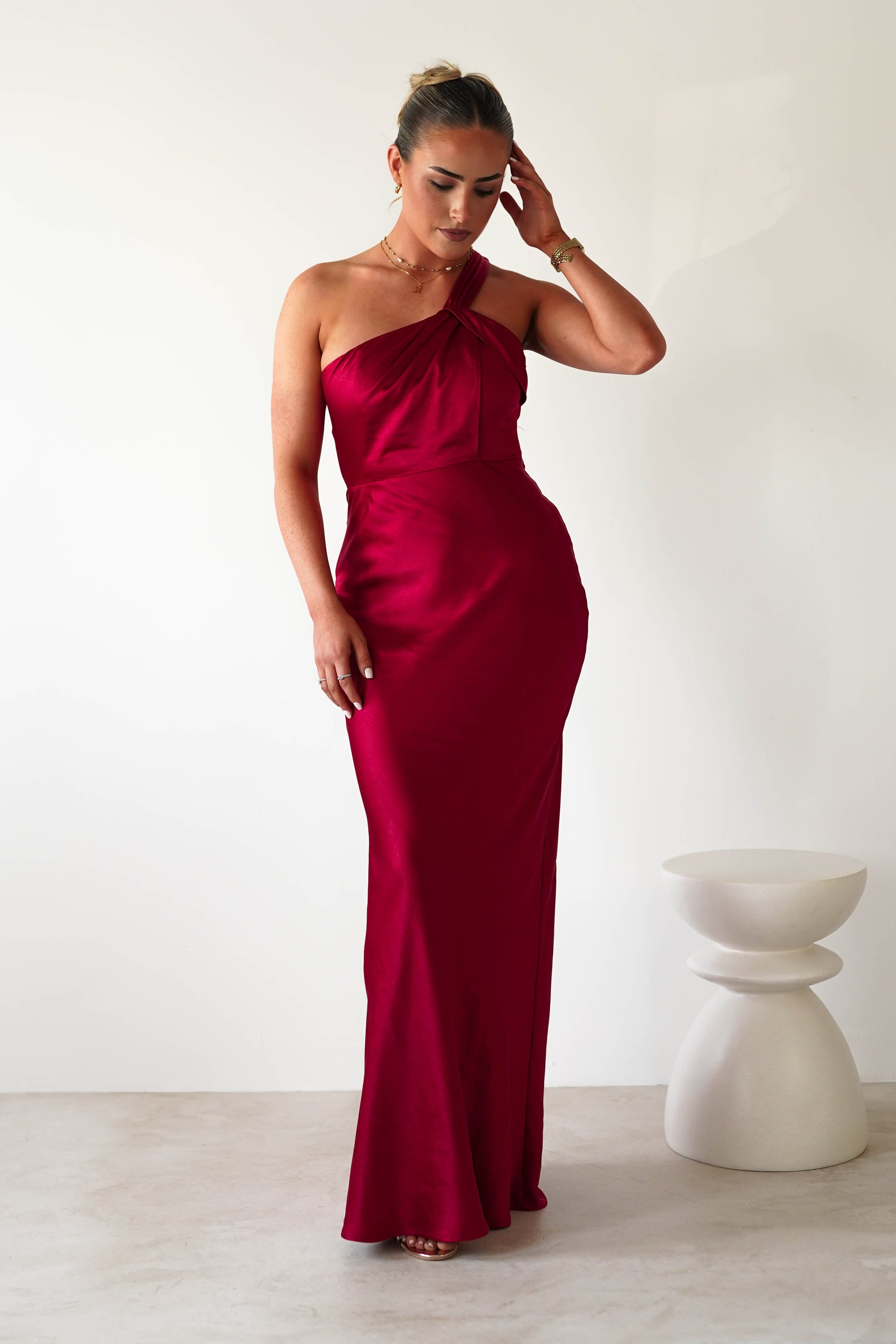 Ashlee Soft Satin One Shoulder Maxi Dress Red - Main Image