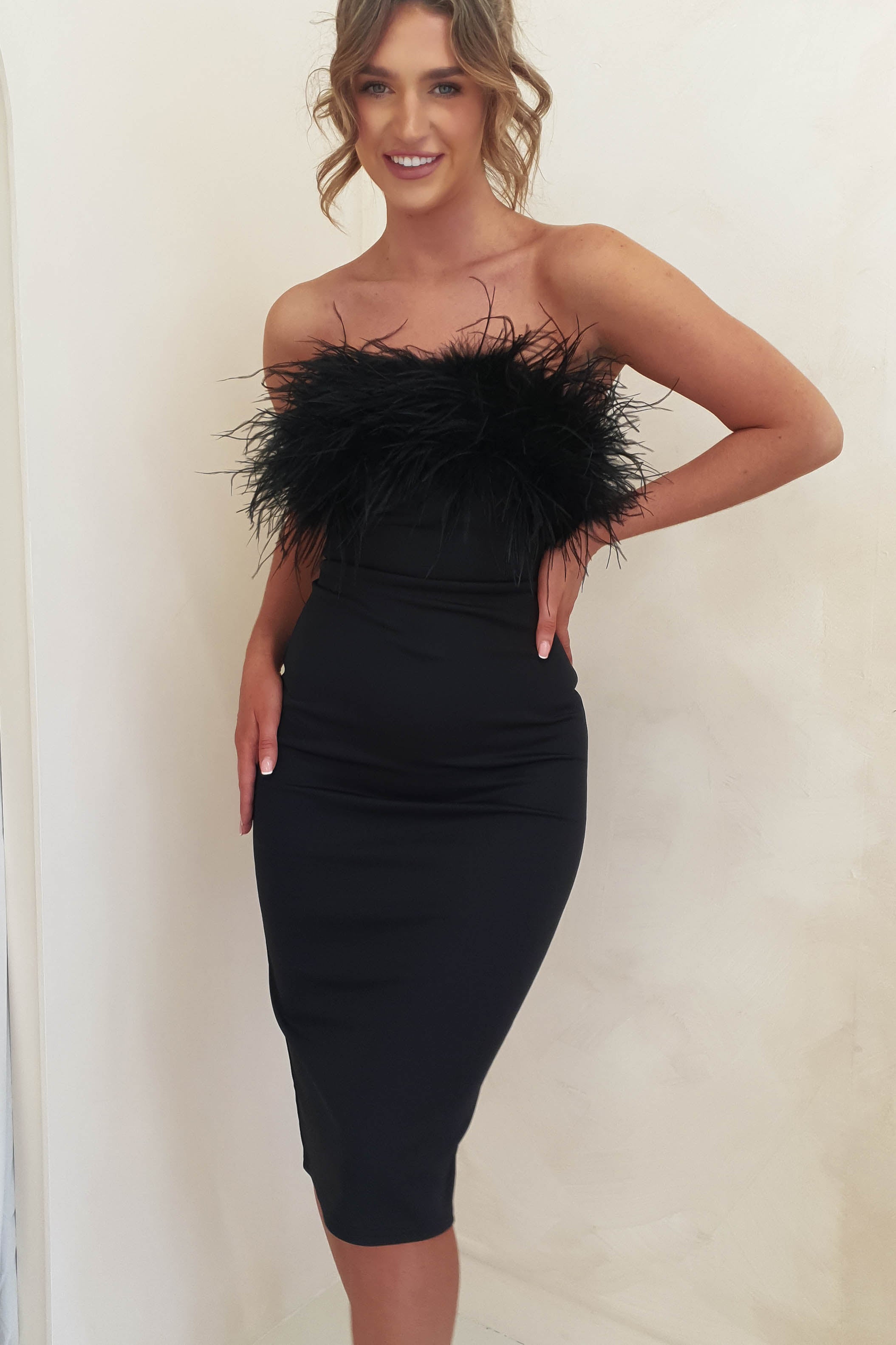 Ashlyn Feather Detail Midi Dress | Black - Oh Hello Clothing