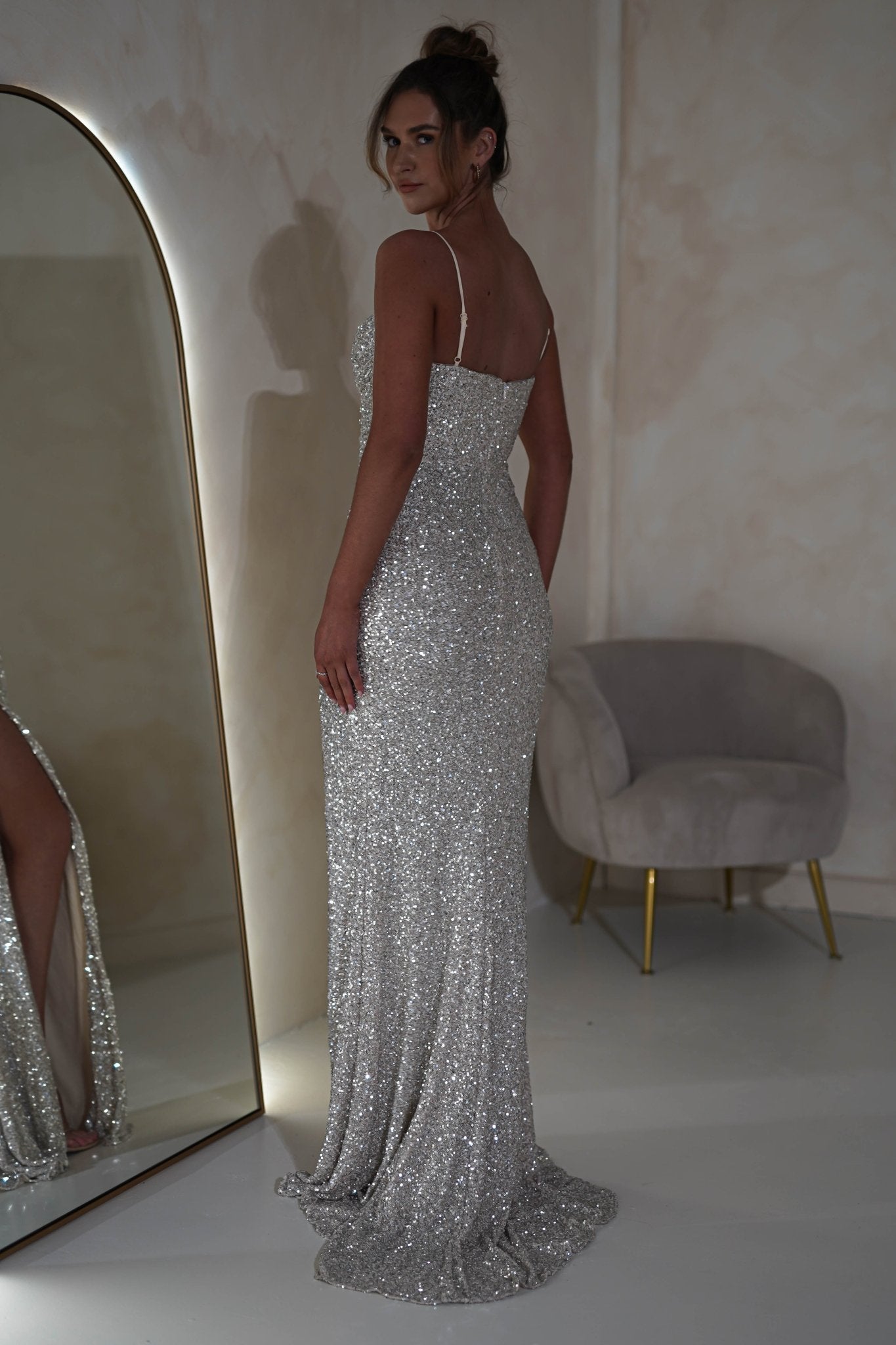Audrina Bodycon Sequin Gown | Silver/Nude | Oh Hello Clothing | S (8)