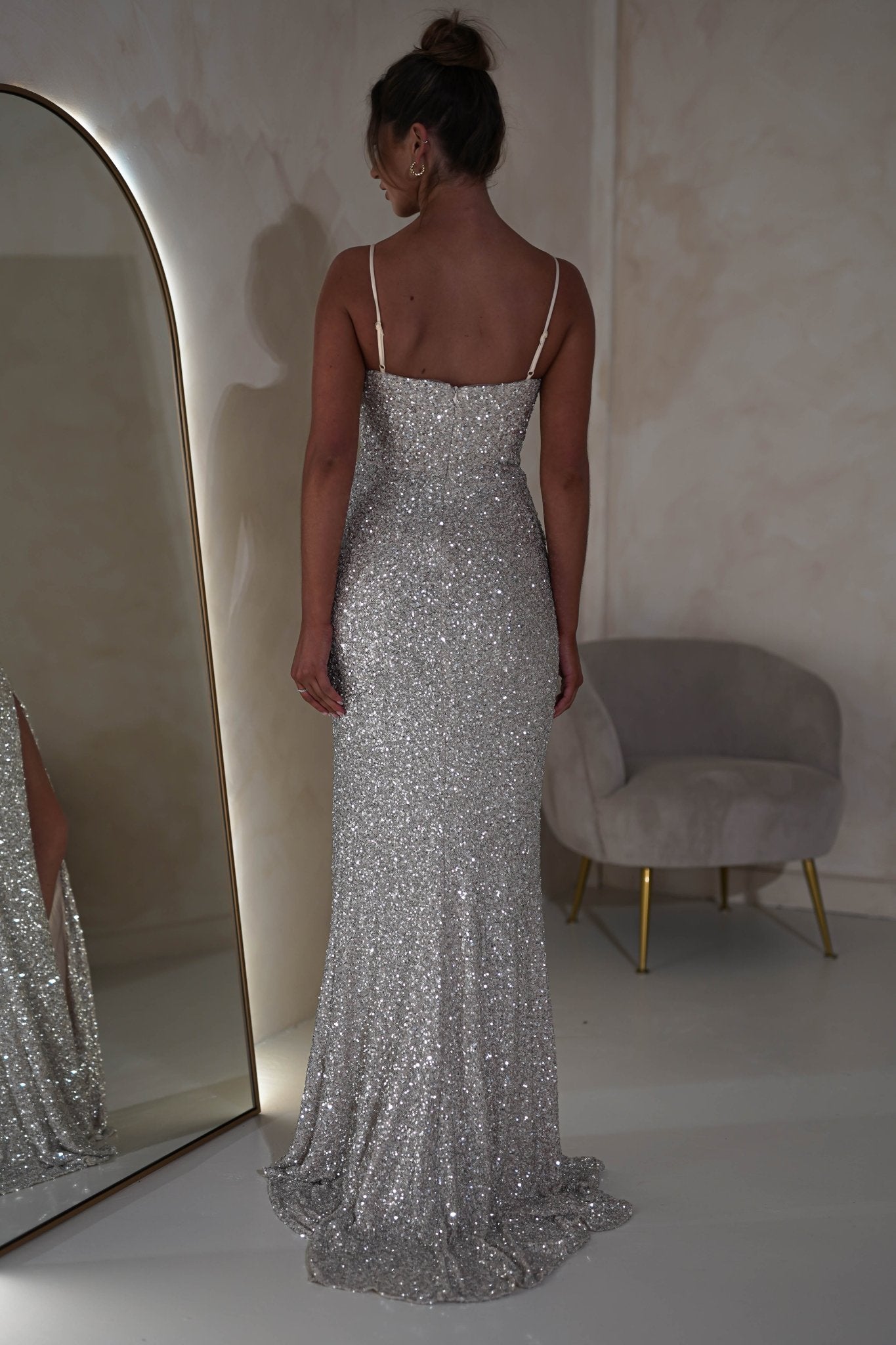 Audrina Bodycon Sequin Gown | Silver/Nude | Oh Hello Clothing | S (8)