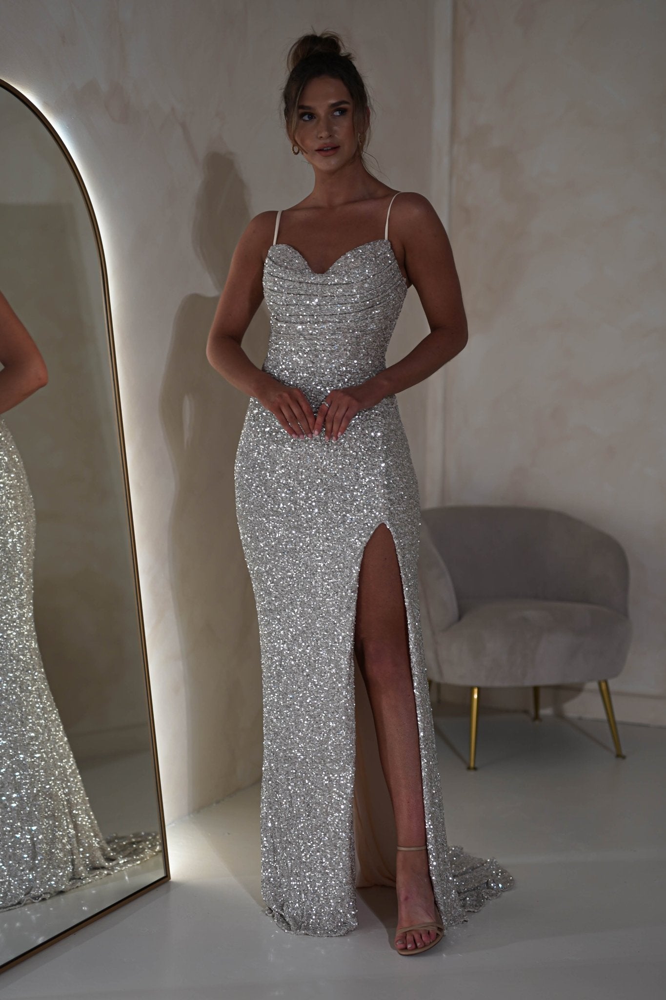 Audrina Bodycon Sequin Gown | Silver/Nude | Oh Hello Clothing | S (8)