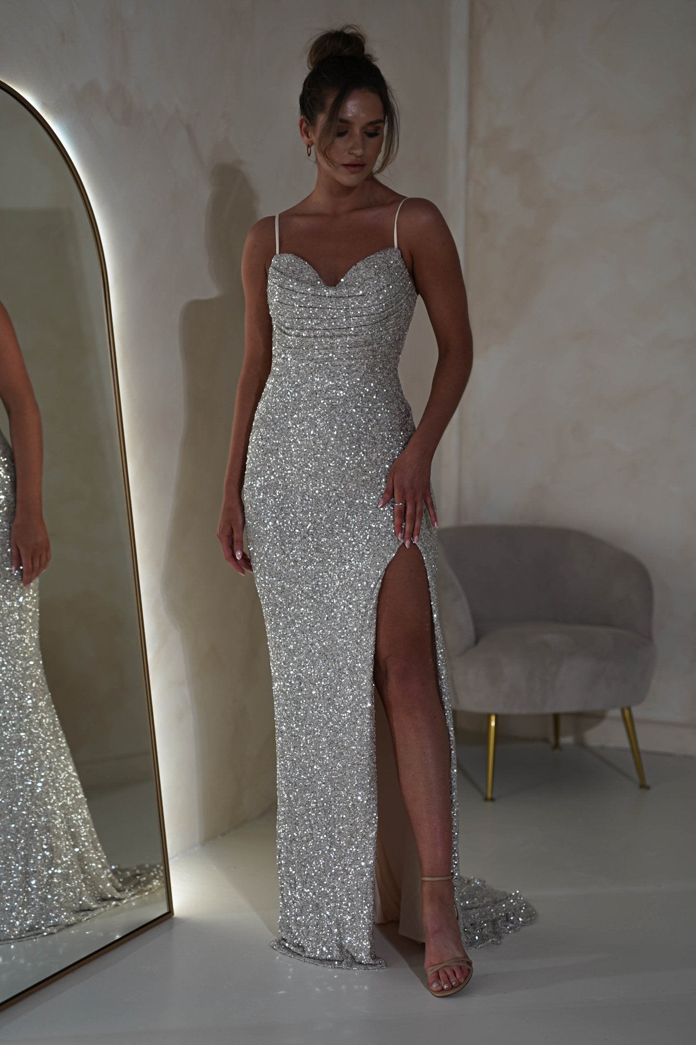 Audrina Bodycon Sequin Gown | Silver/Nude | Oh Hello Clothing | S (8)