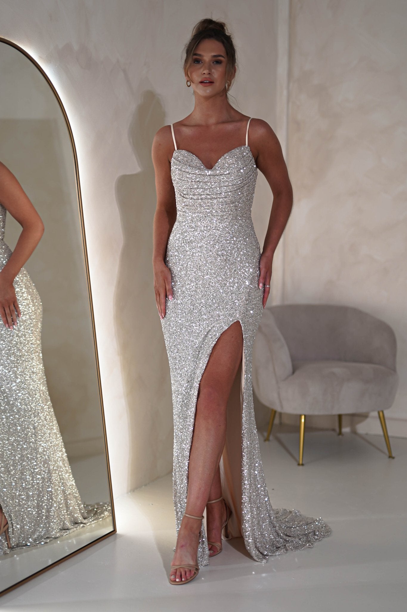 Audrina Bodycon Sequin Gown | Silver/Nude | Oh Hello Clothing | S (8)