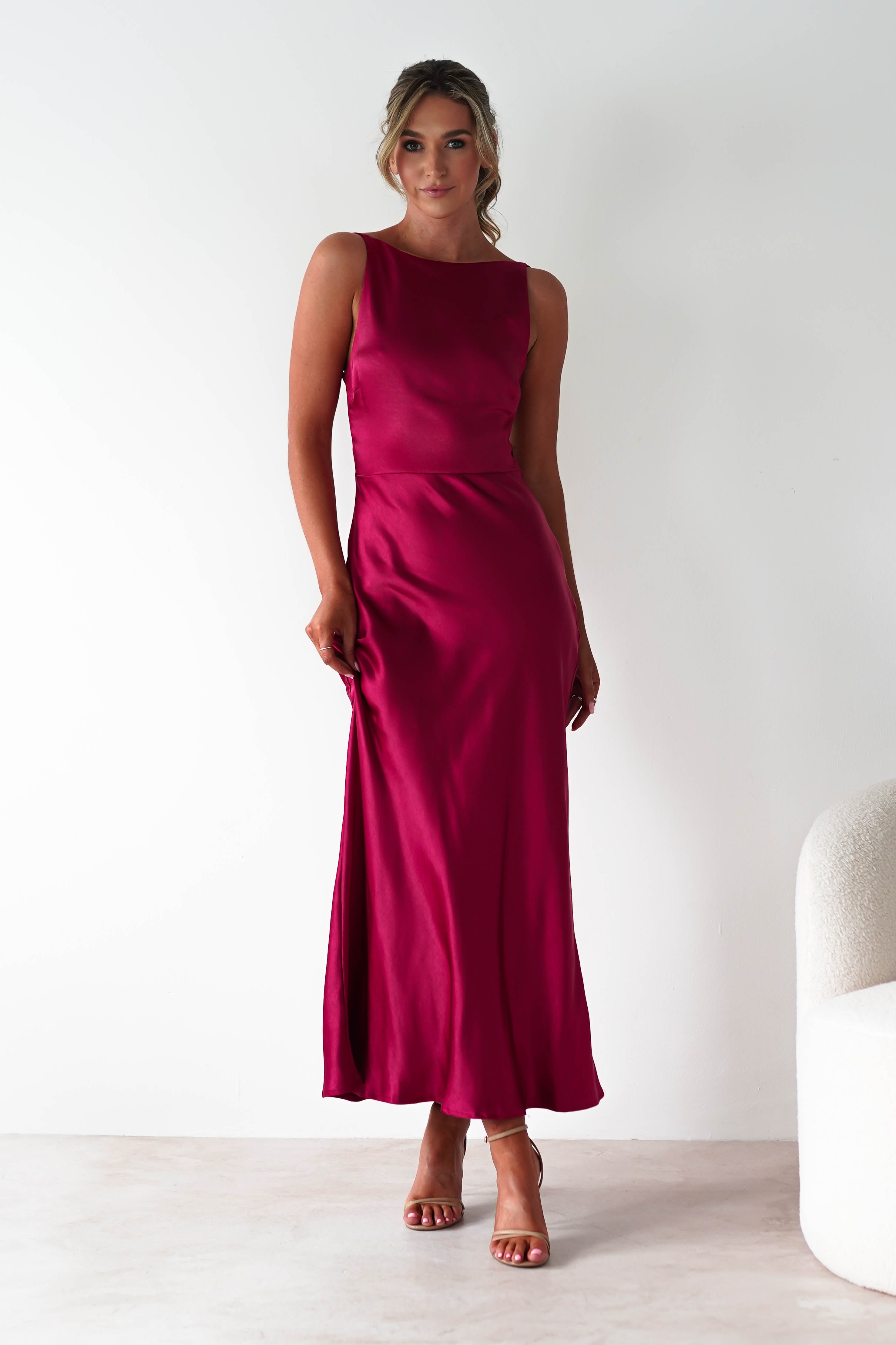 SASHA Wedding Guest Dresses Bayleigh Soft Satin Maxi Dress | Berry Red