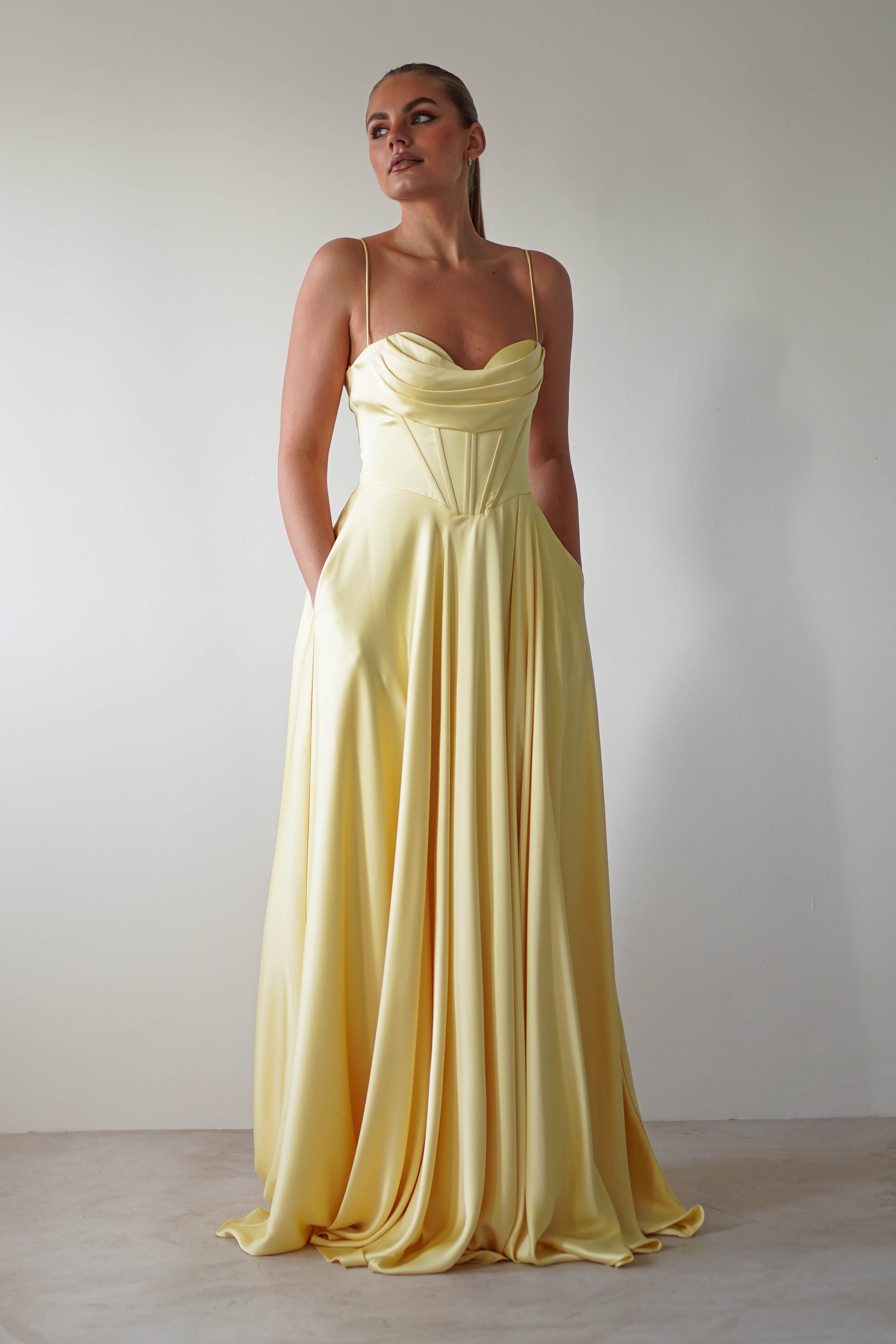 Bella Luxe Aline Satin Gown | Yellow - Oh Hello Clothing