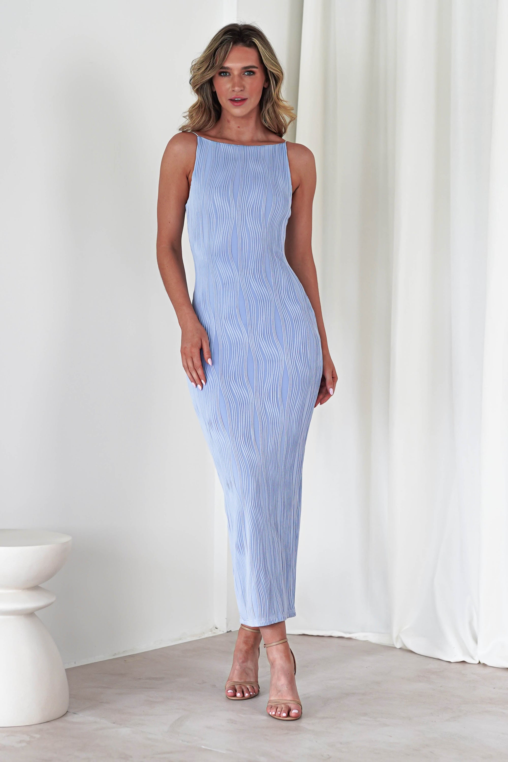 Brighton Textured Bodycon Midaxi Dress | Blue | Oh Hello Clothing | XS (6)