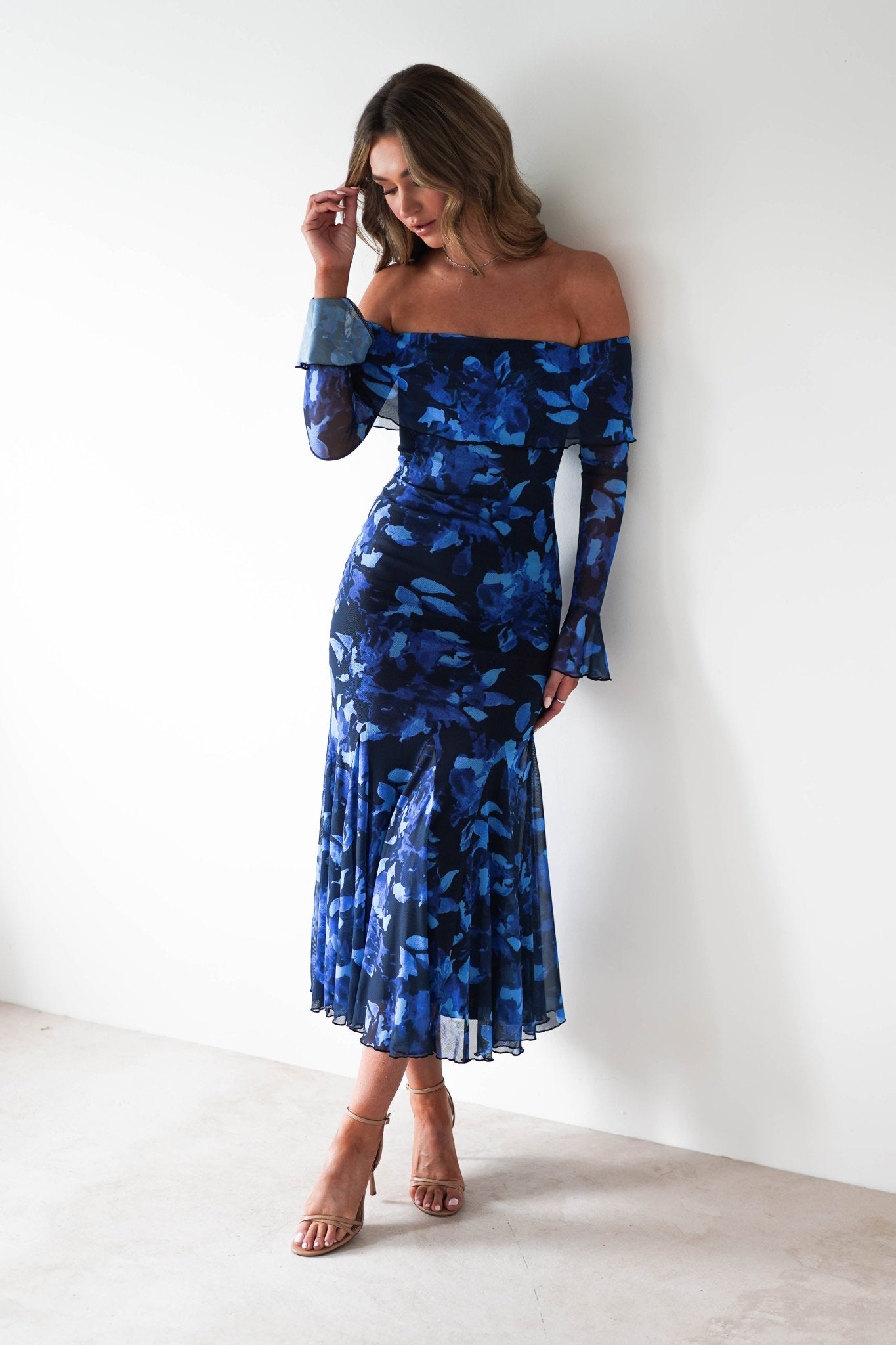Bryanna Long Sleeve Mesh Maxi Dress | Blue Floral | Oh Hello Clothing | XS (6)