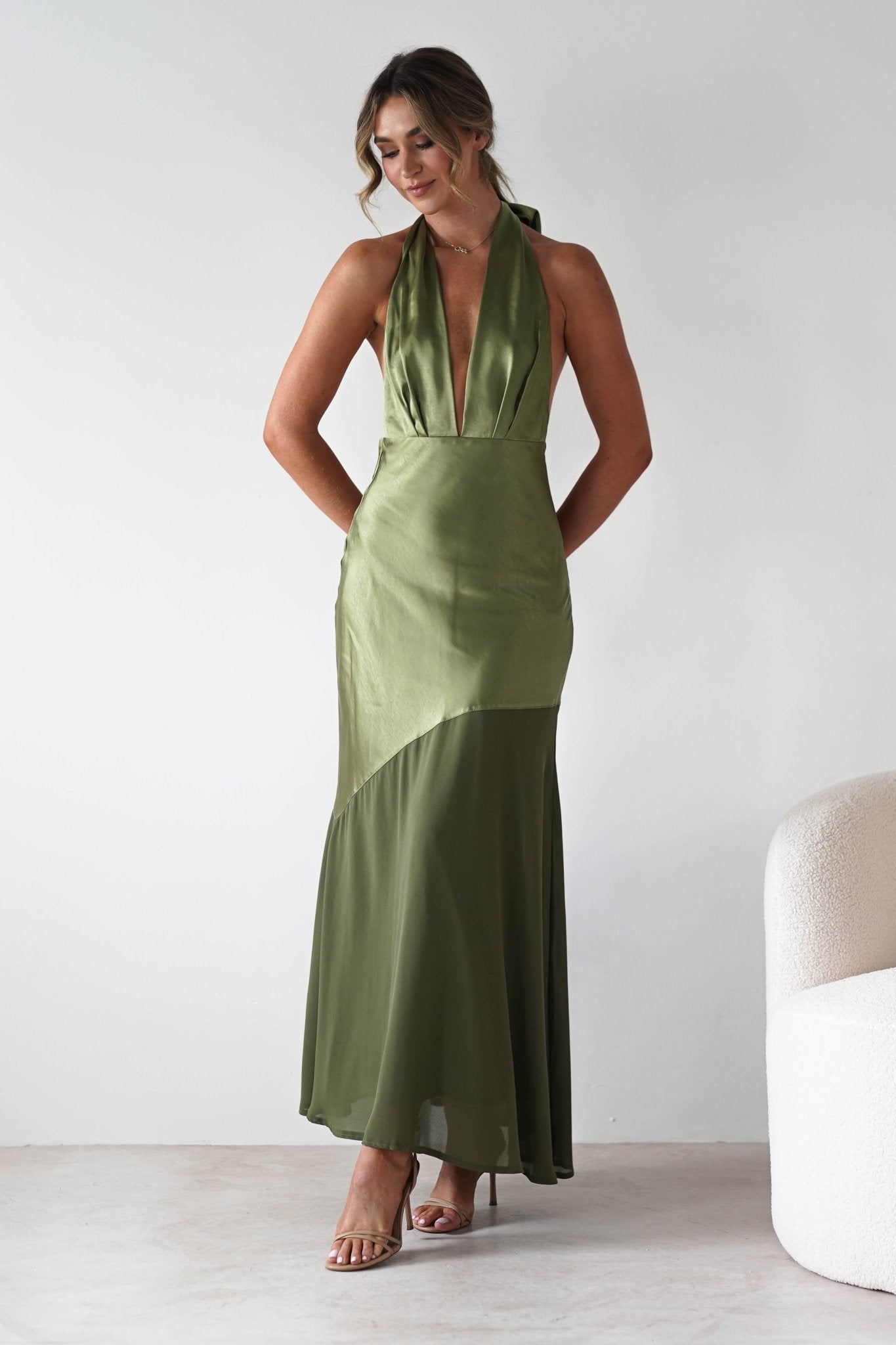 Cheree Silky Halterneck Maxi Dress | Olive | Oh Hello Clothing | XS (6)