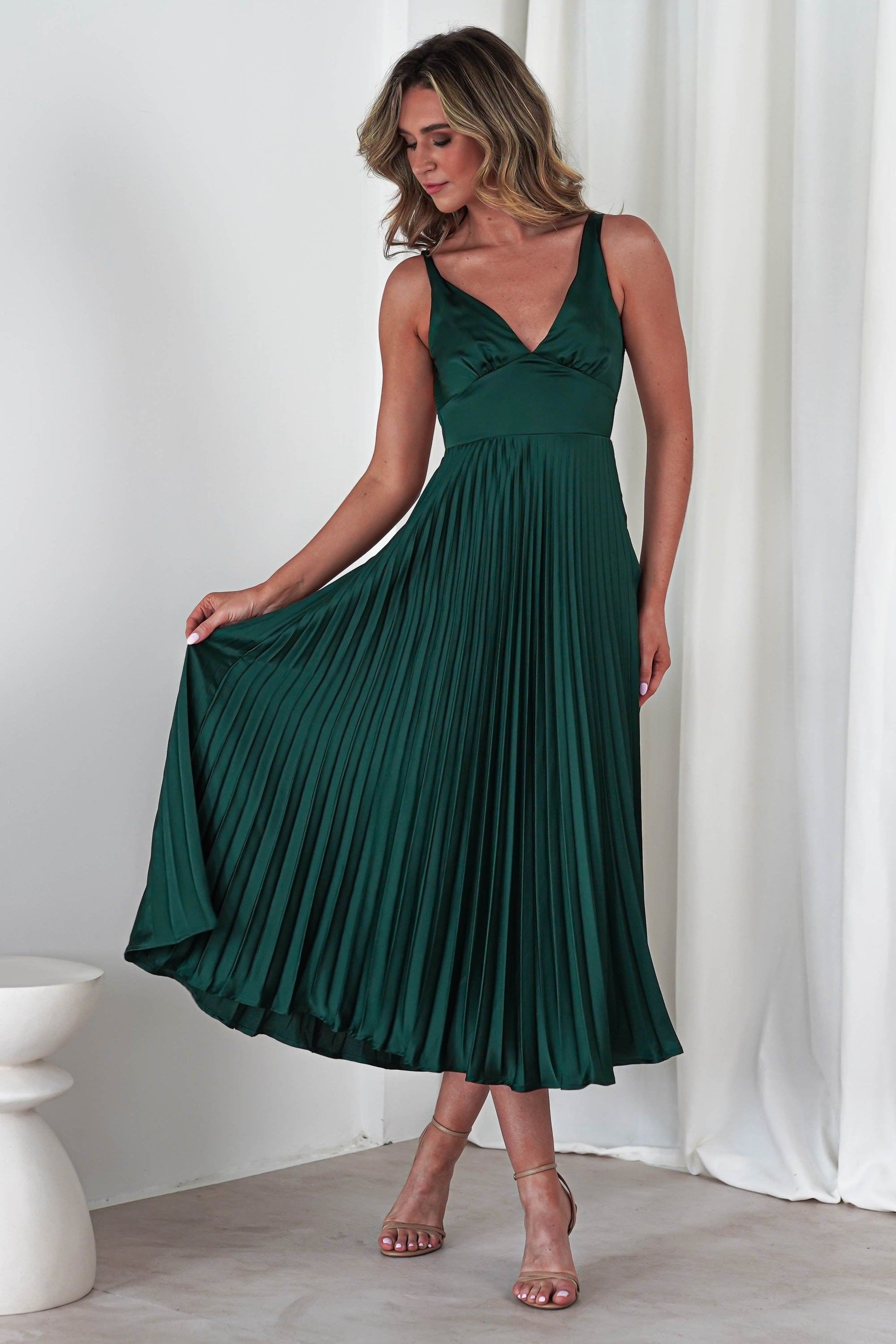 Cheri Pleated Midaxi Dress | Forest Green | Oh Hello Clothing | XS (6)