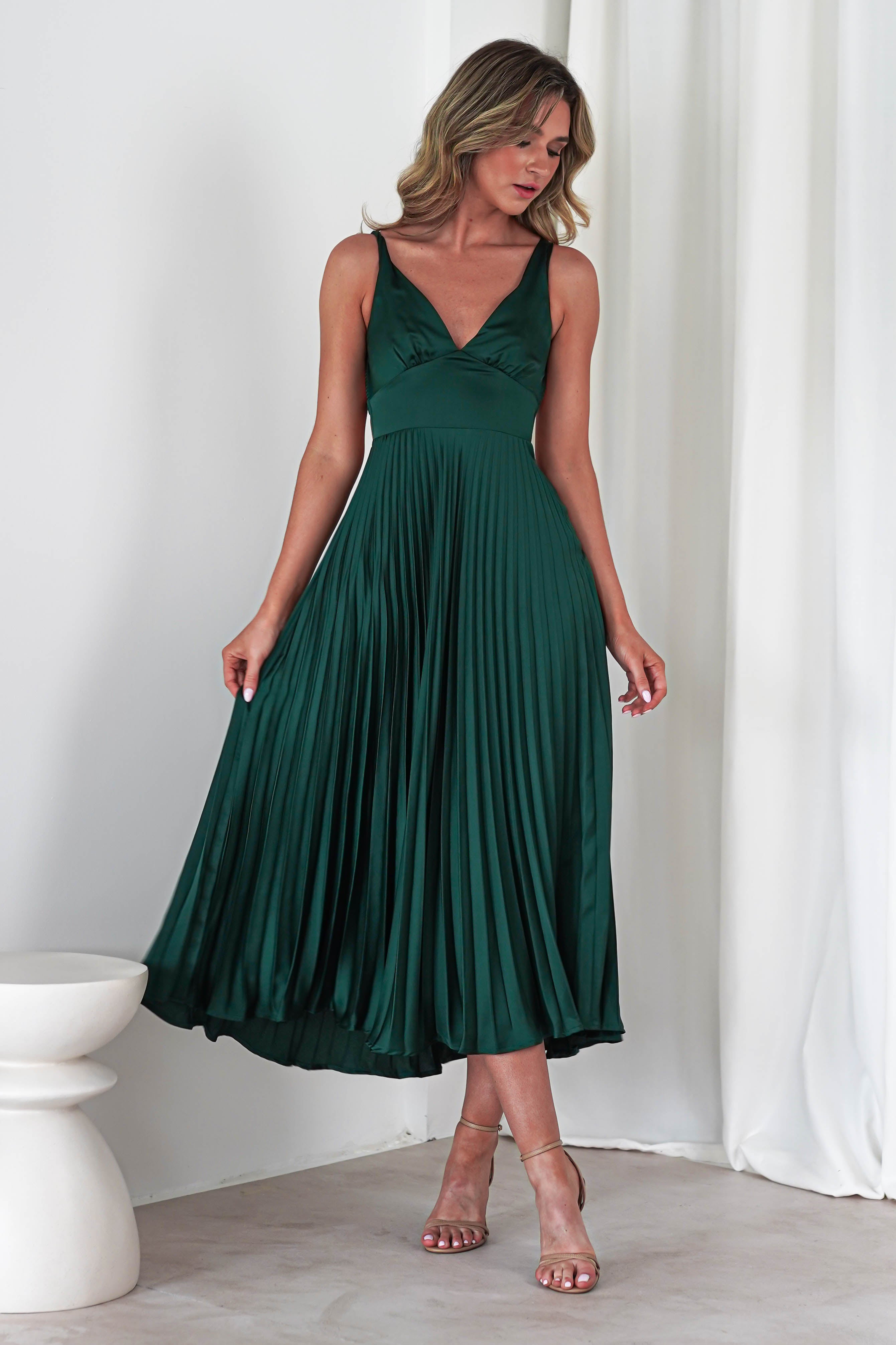 Cheri Pleated Midaxi Dress | Forest Green | Oh Hello Clothing | XS (6)