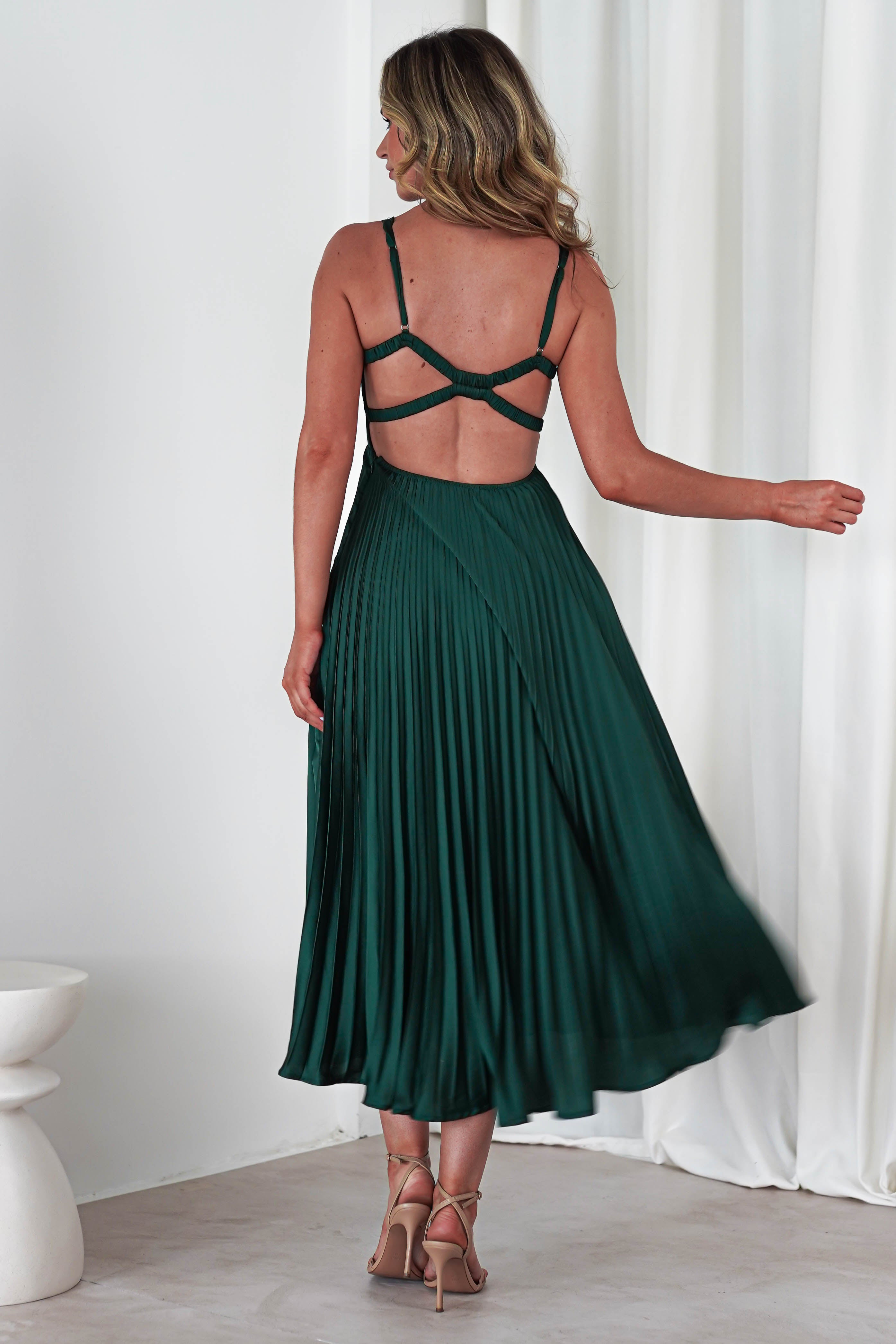 Cheri Pleated Midaxi Dress | Forest Green | Oh Hello Clothing | XS (6)