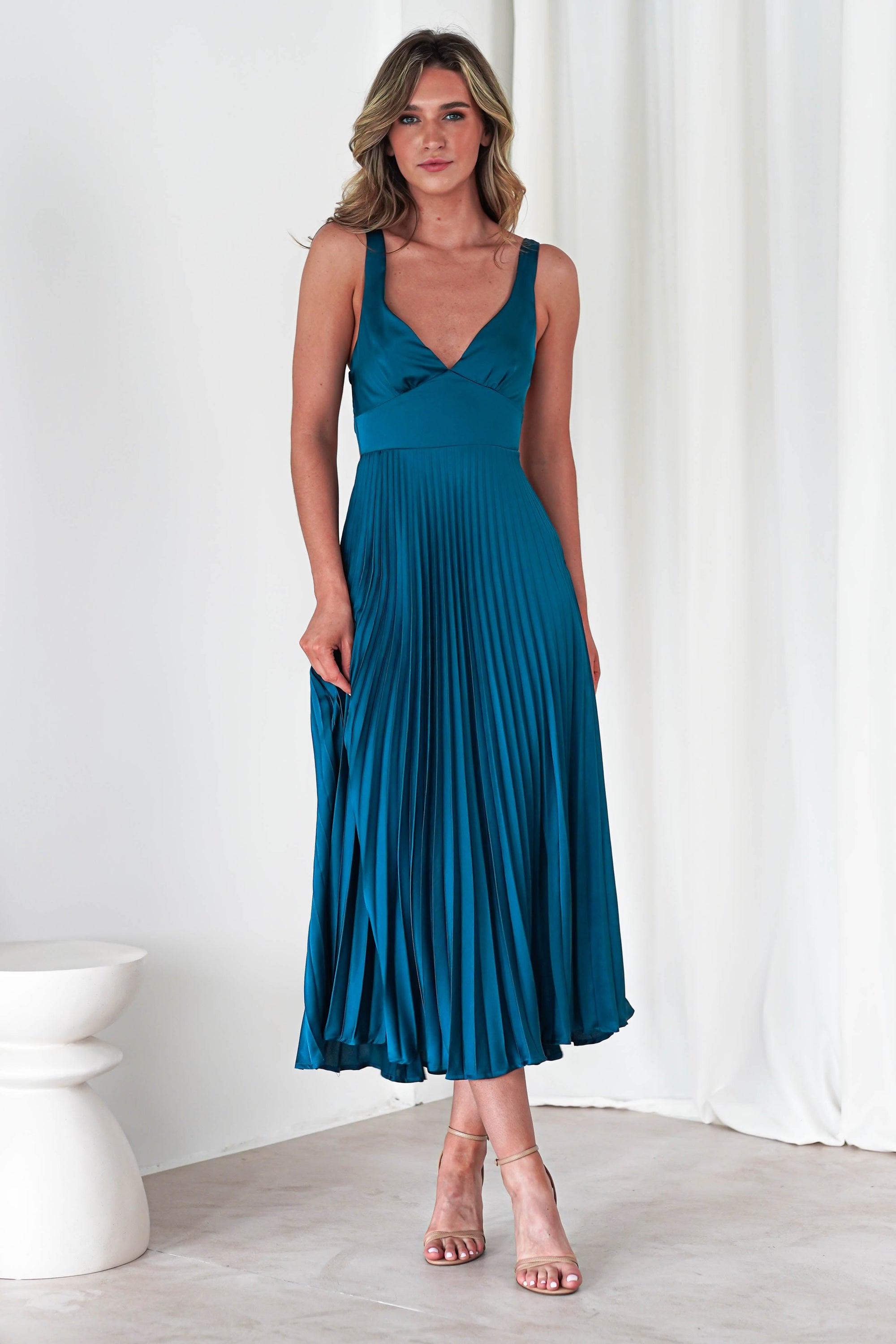 Cheri Pleated Midaxi Dress | Teal | Oh Hello Clothing | XS (6)