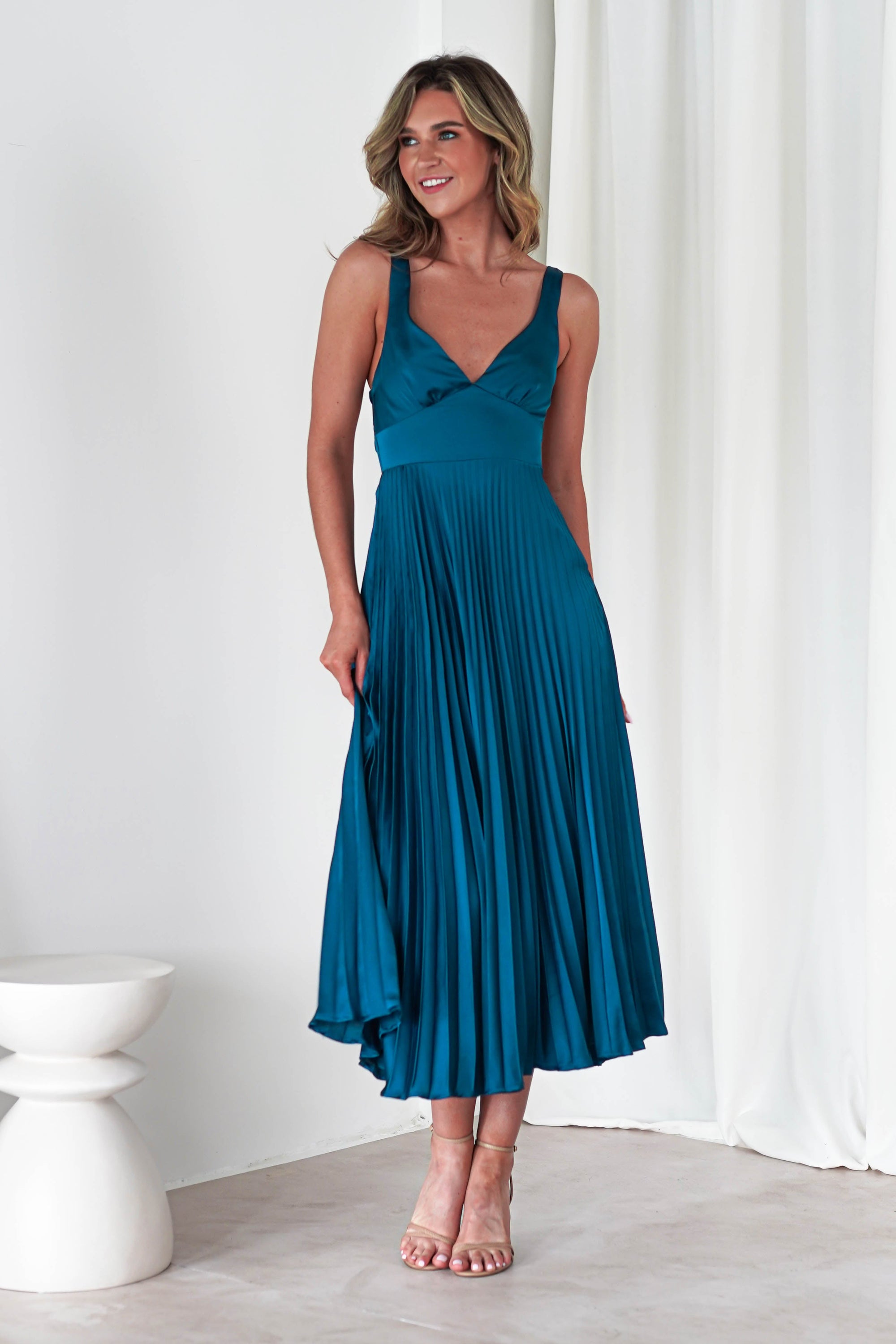 Cheri Pleated Midaxi Dress | Teal | Oh Hello Clothing | XS (6)