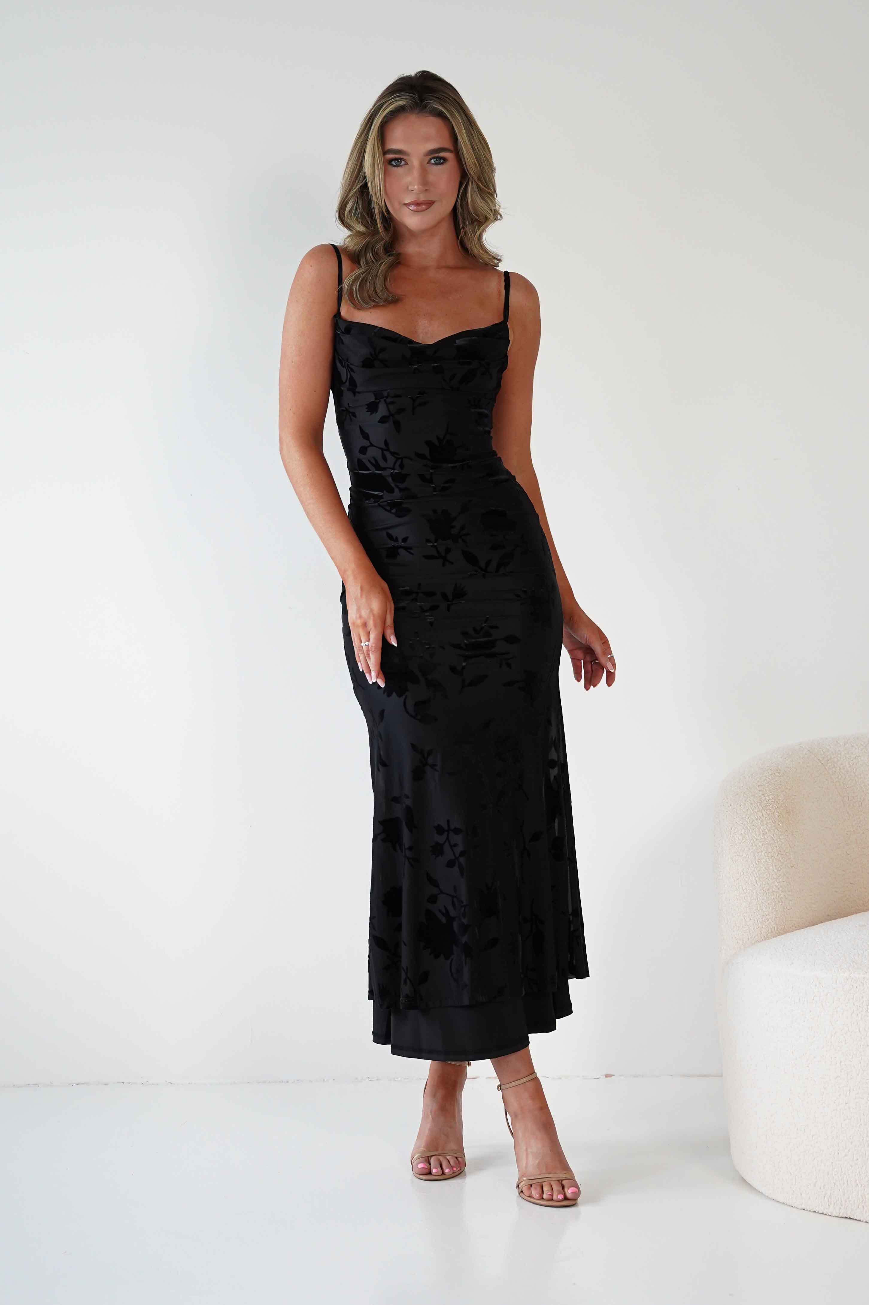 Factory Wedding Guest Dresses Dahlia Floral Jacquard Maxi Dress | Black