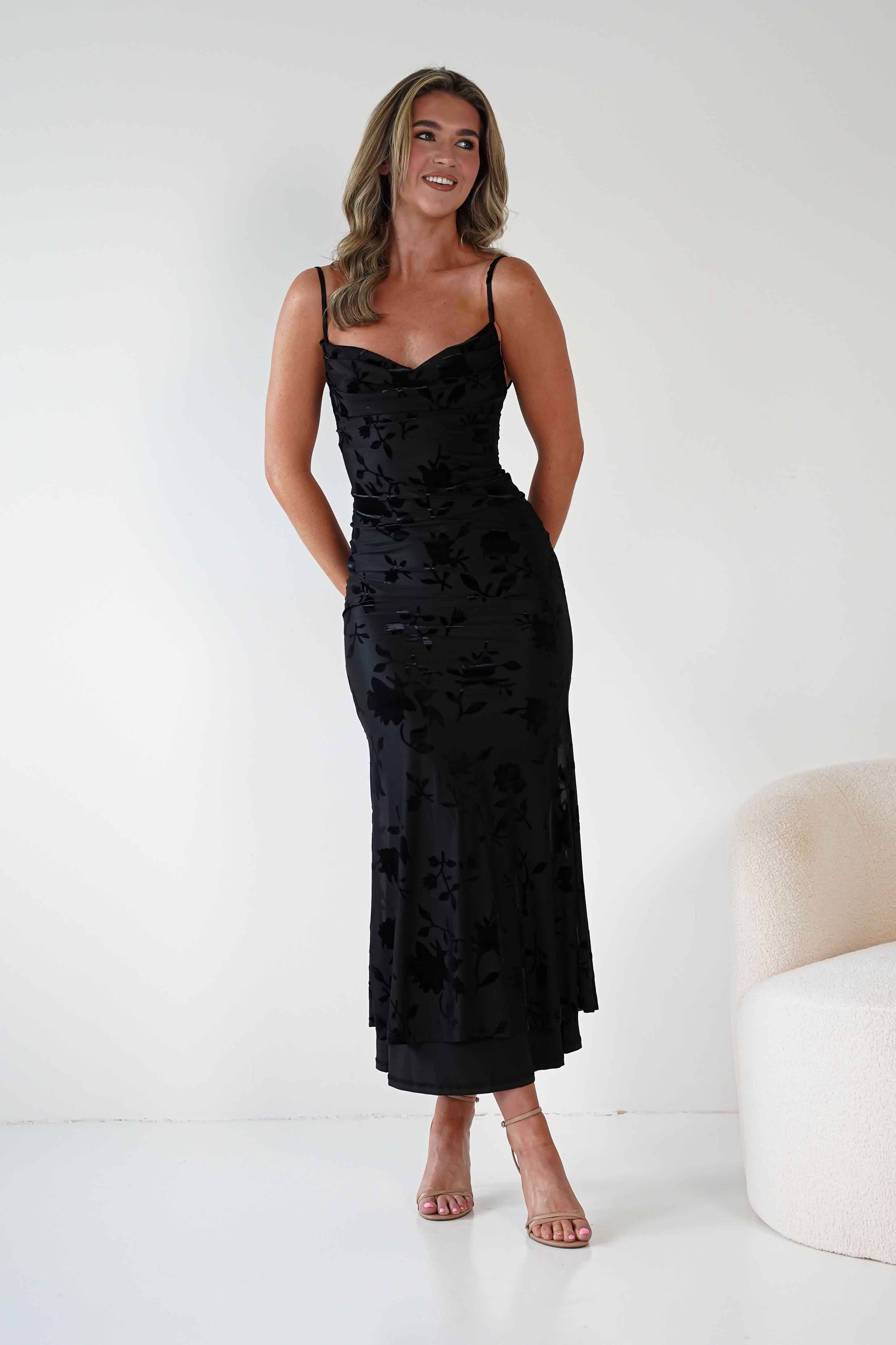 Factory Wedding Guest Dresses Dahlia Floral Jacquard Maxi Dress | Black