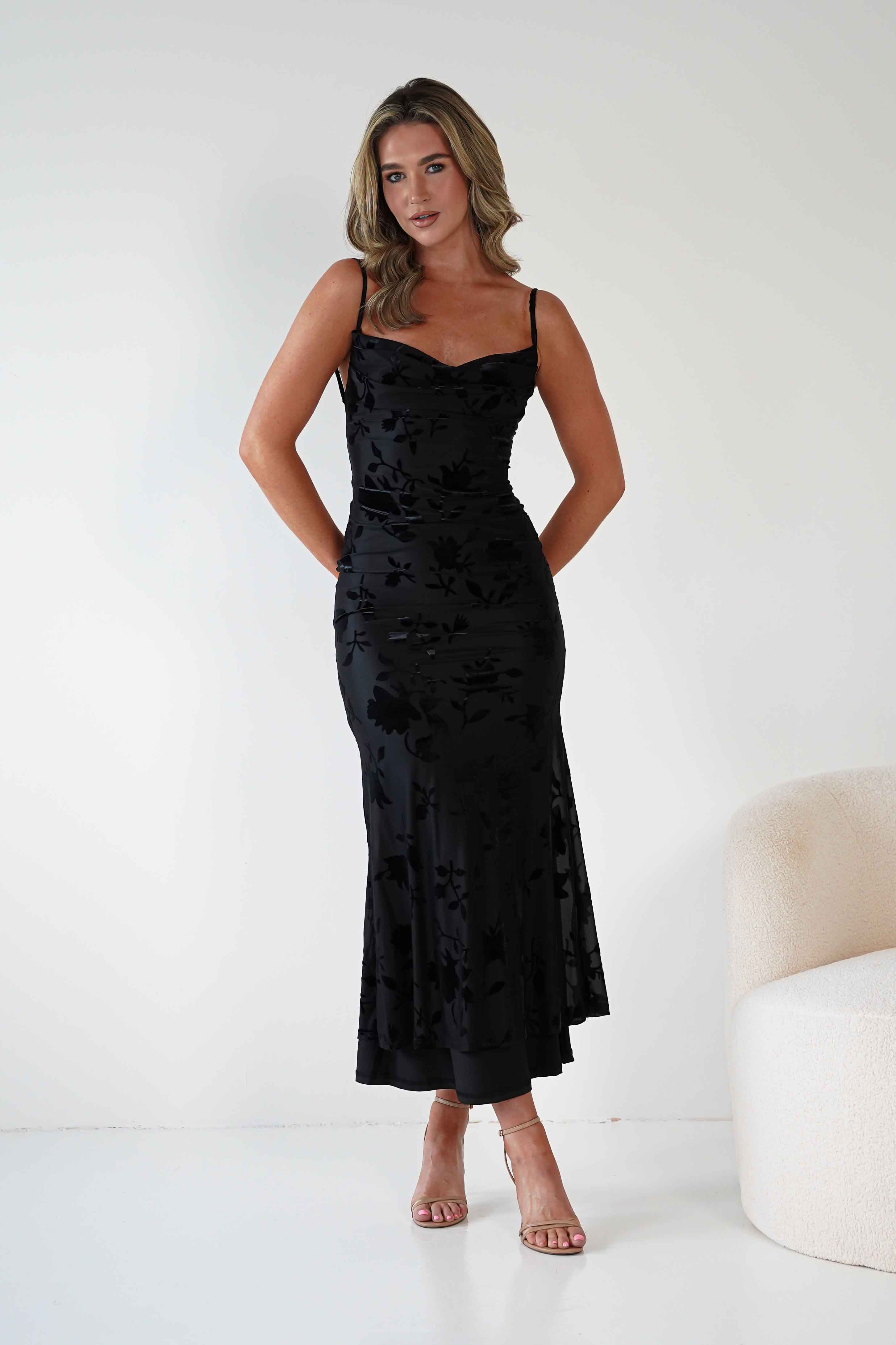 Factory Wedding Guest Dresses Dahlia Floral Jacquard Maxi Dress | Black