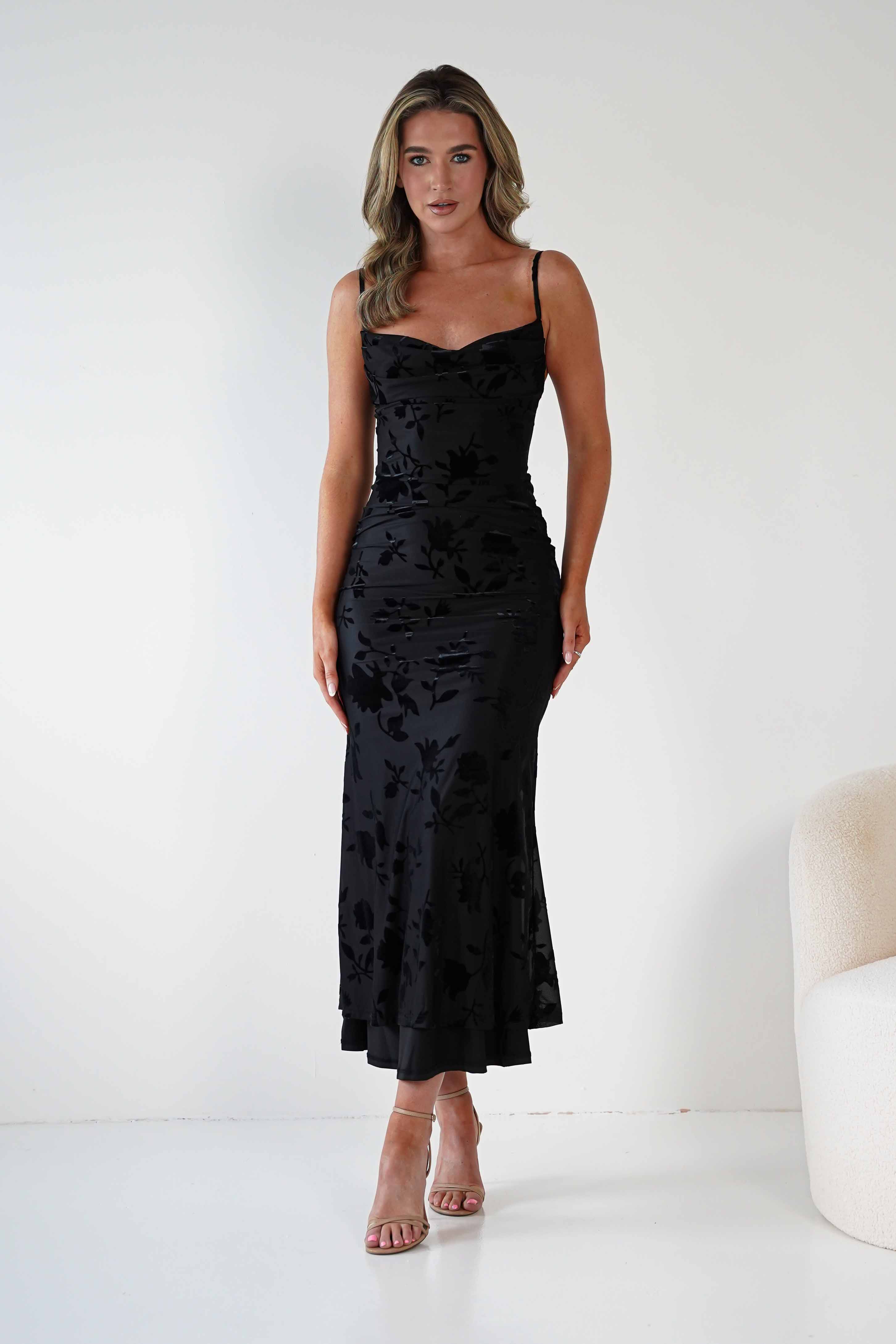 Factory Wedding Guest Dresses Dahlia Floral Jacquard Maxi Dress | Black