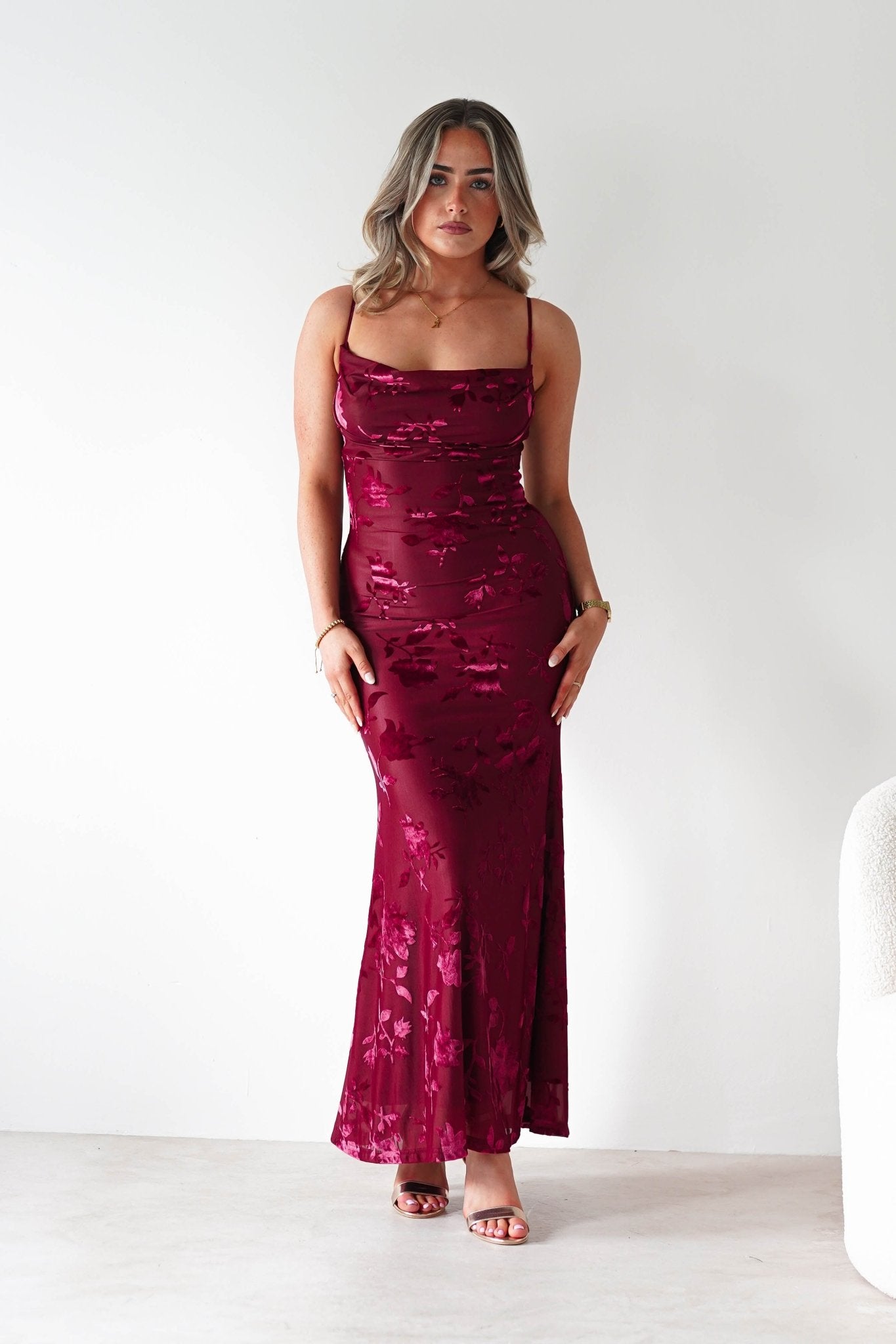 Dahlia Floral Jacquard Maxi Dress | Wine | Oh Hello Clothing | XS (6)