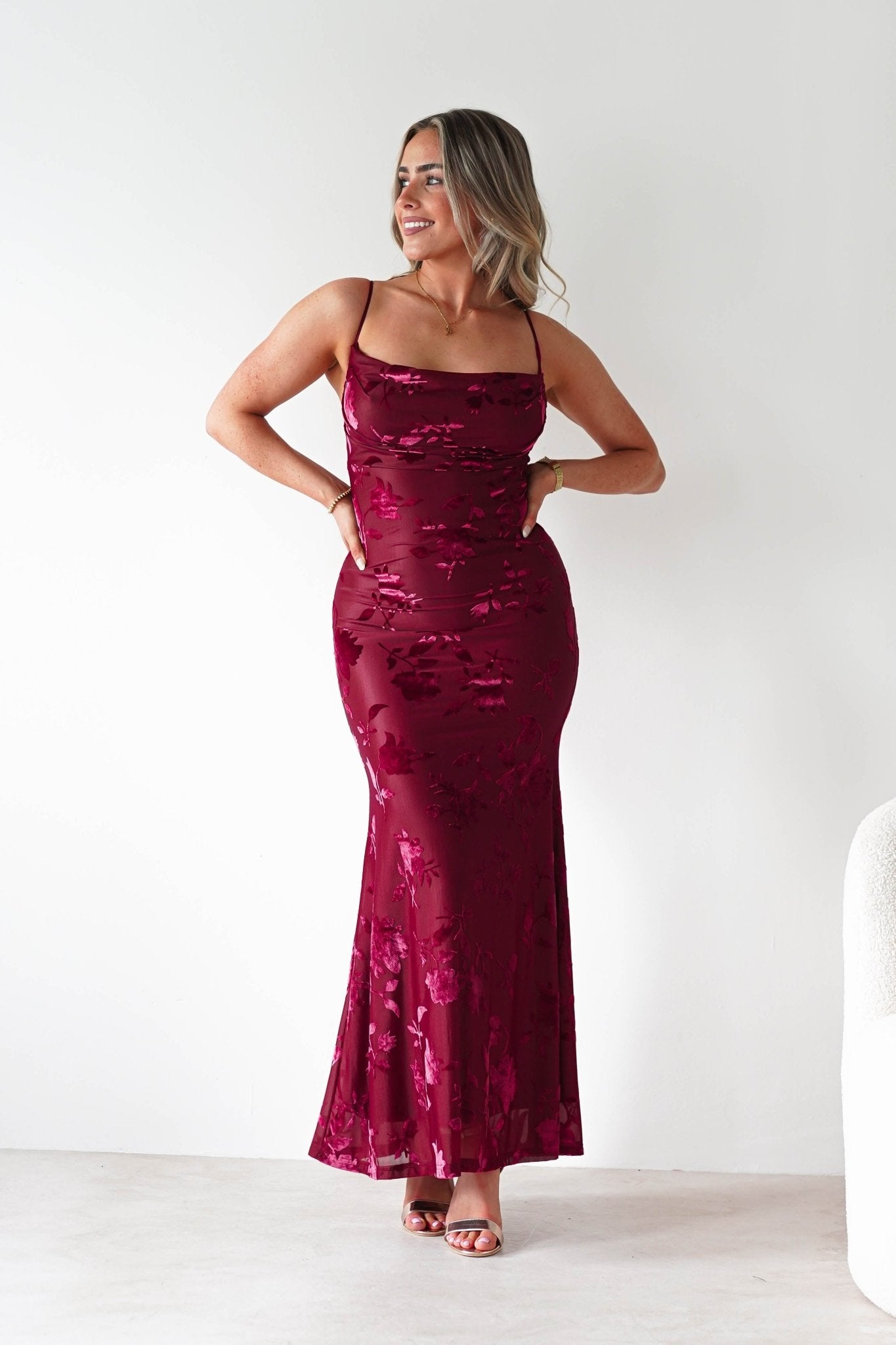 Dahlia Floral Jacquard Maxi Dress | Wine | Oh Hello Clothing | XS (6)