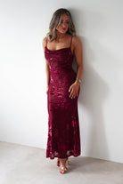 Factory Wedding Guest Dresses Dahlia Floral Jacquard Maxi Dress | Wine