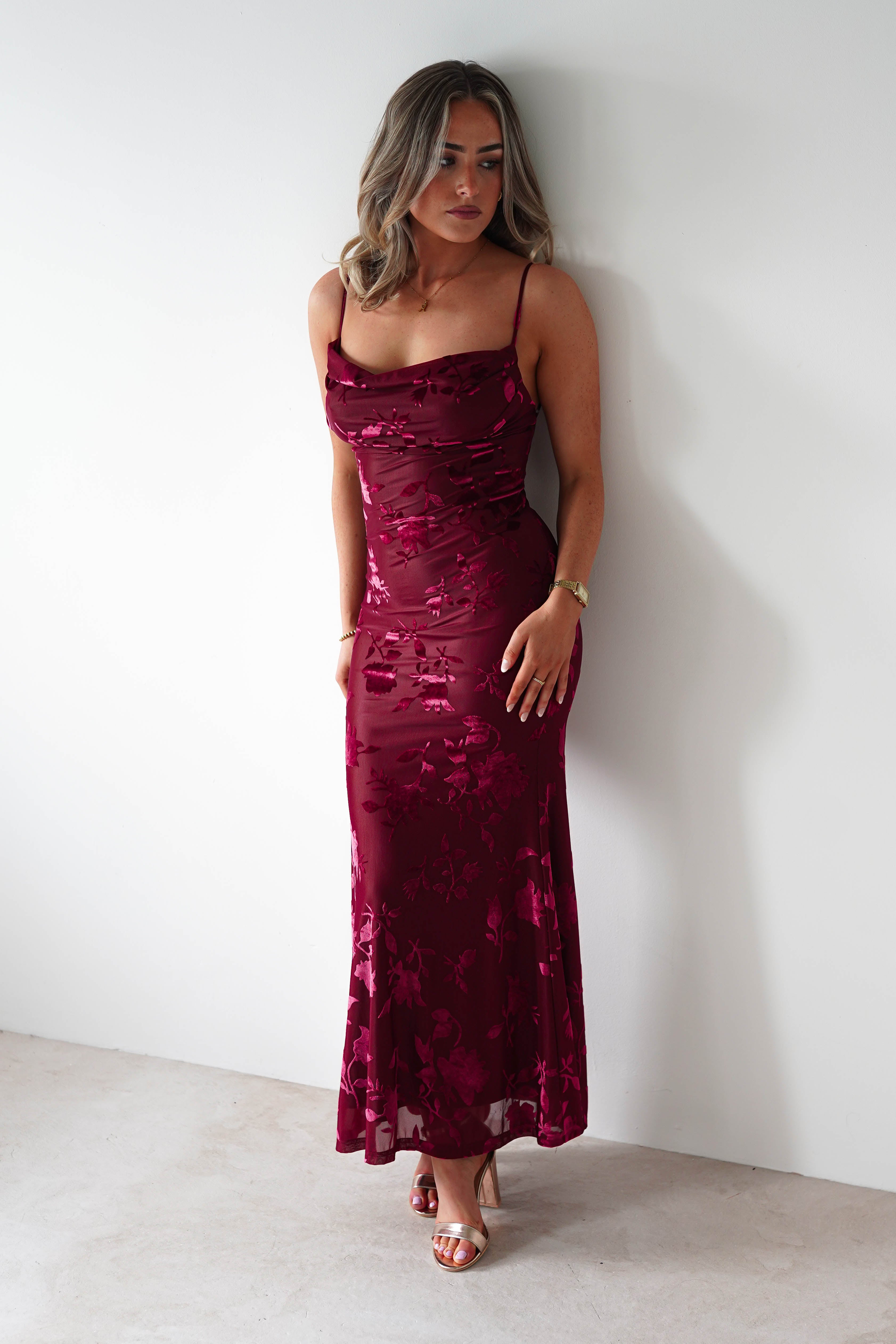 Factory Wedding Guest Dresses Dahlia Floral Jacquard Maxi Dress | Wine