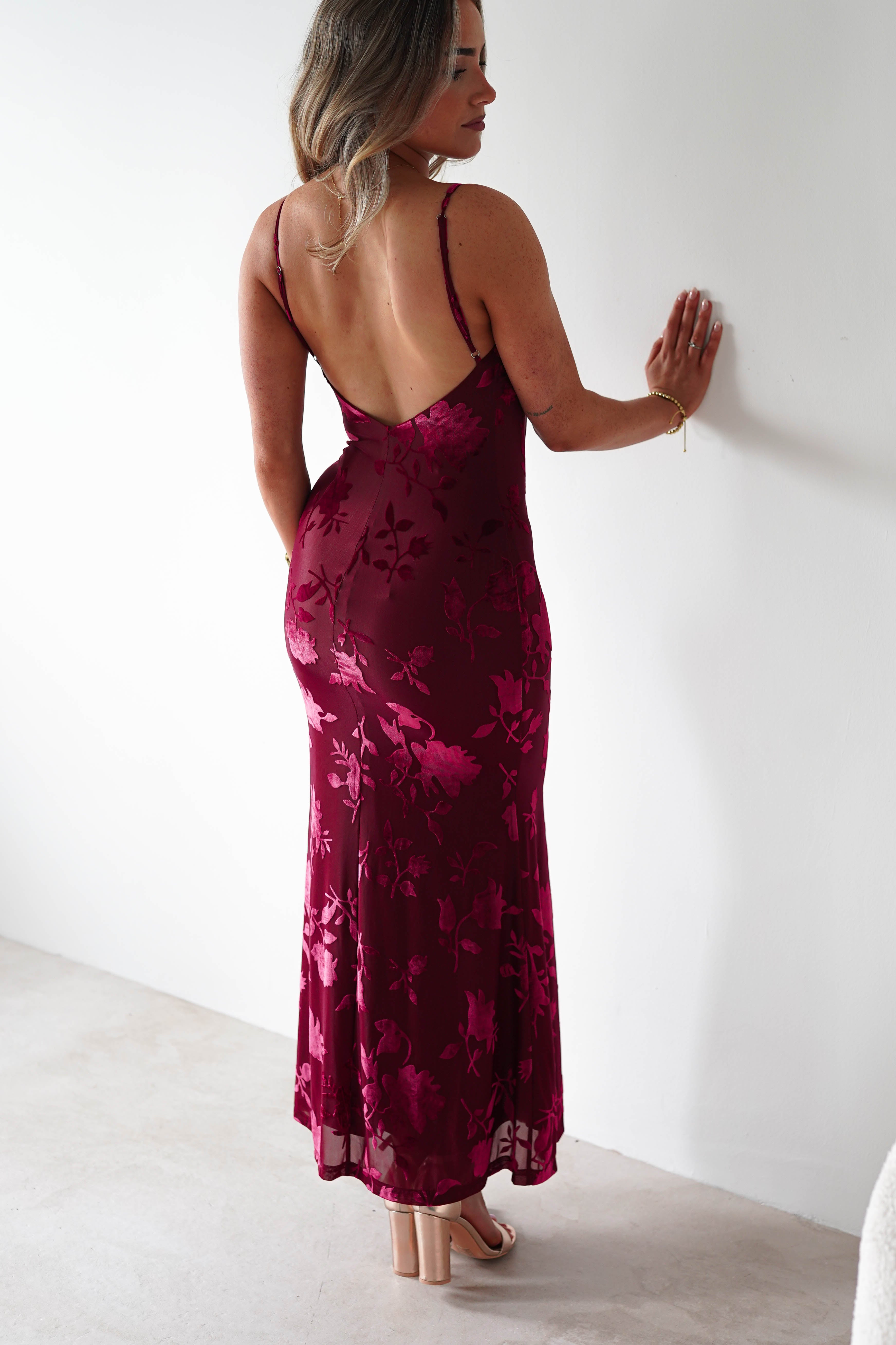 Factory Wedding Guest Dresses Dahlia Floral Jacquard Maxi Dress | Wine