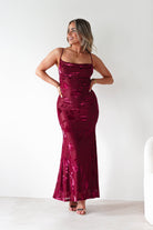 Factory Wedding Guest Dresses Dahlia Floral Jacquard Maxi Dress | Wine