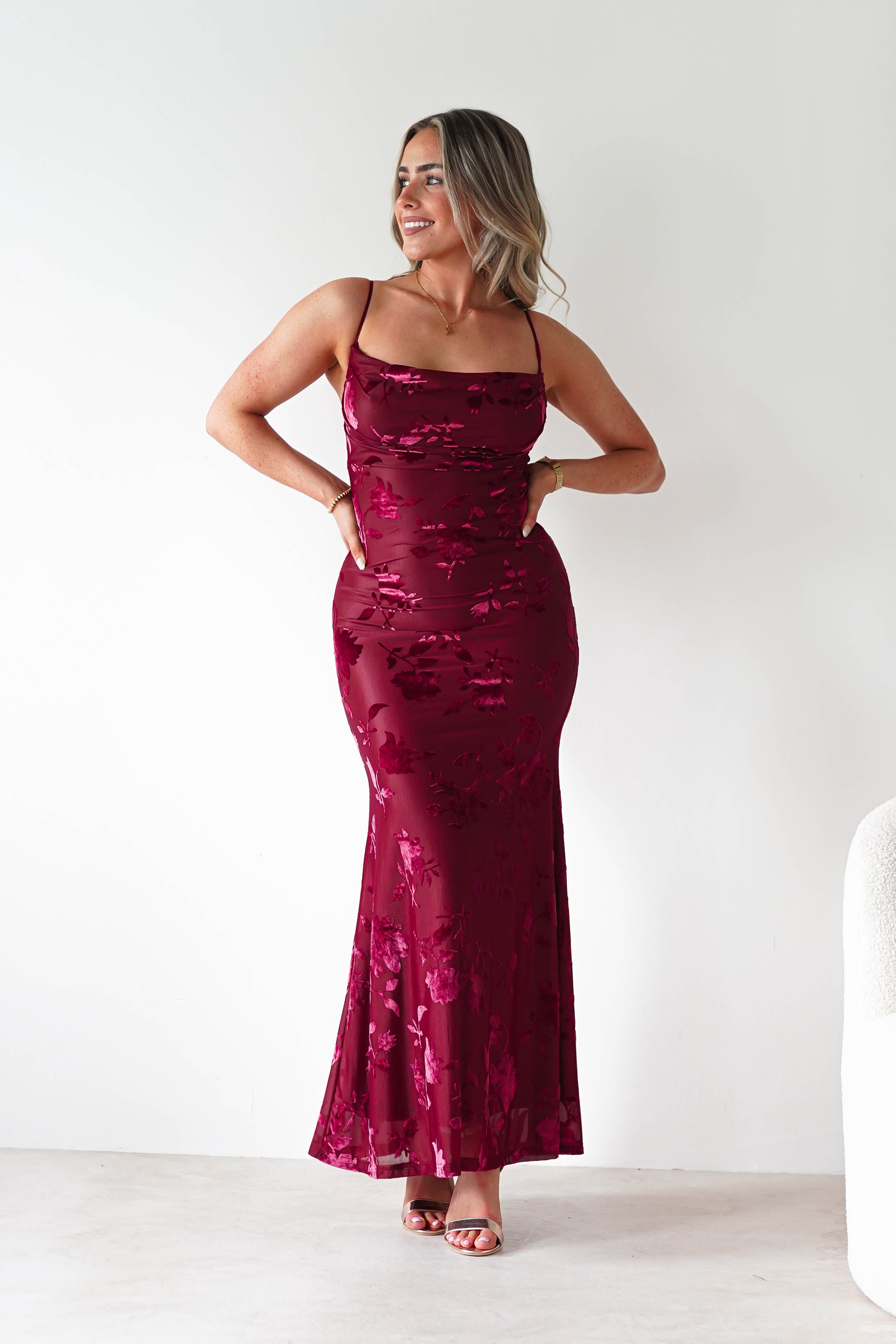 Factory Wedding Guest Dresses Dahlia Floral Jacquard Maxi Dress | Wine