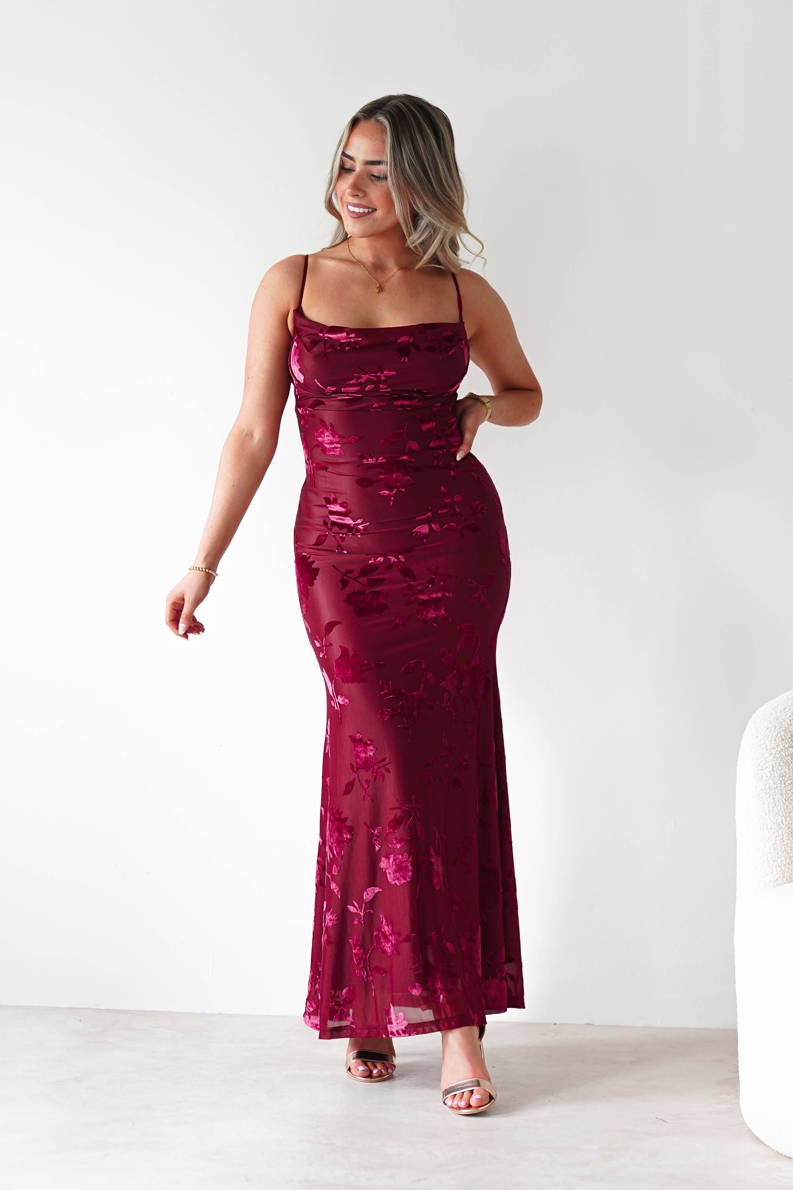 Factory Wedding Guest Dresses Dahlia Floral Jacquard Maxi Dress | Wine