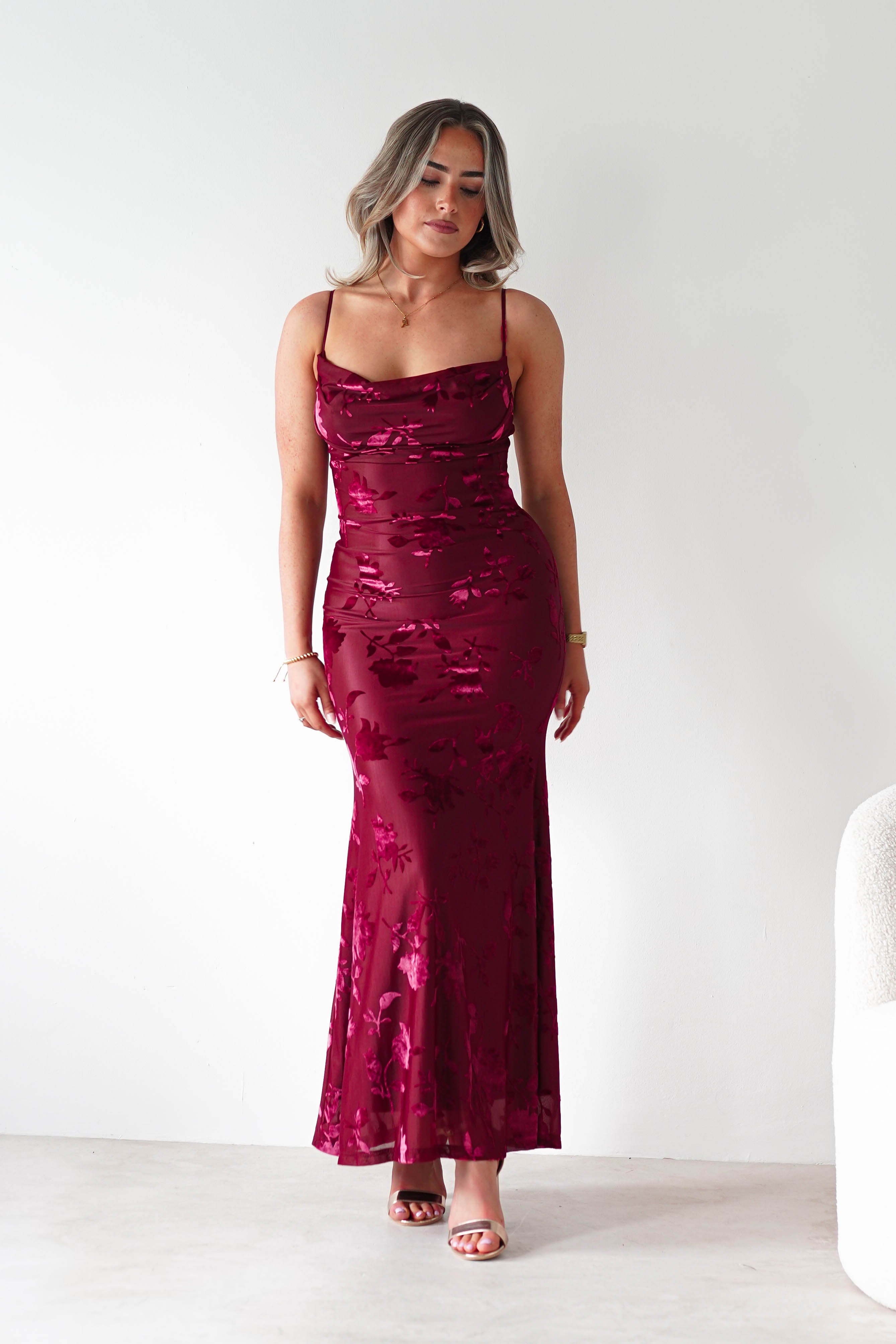 Factory Wedding Guest Dresses Dahlia Floral Jacquard Maxi Dress | Wine